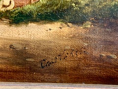 Late 19th century Antique English Village landscape, horses, people, haycart.