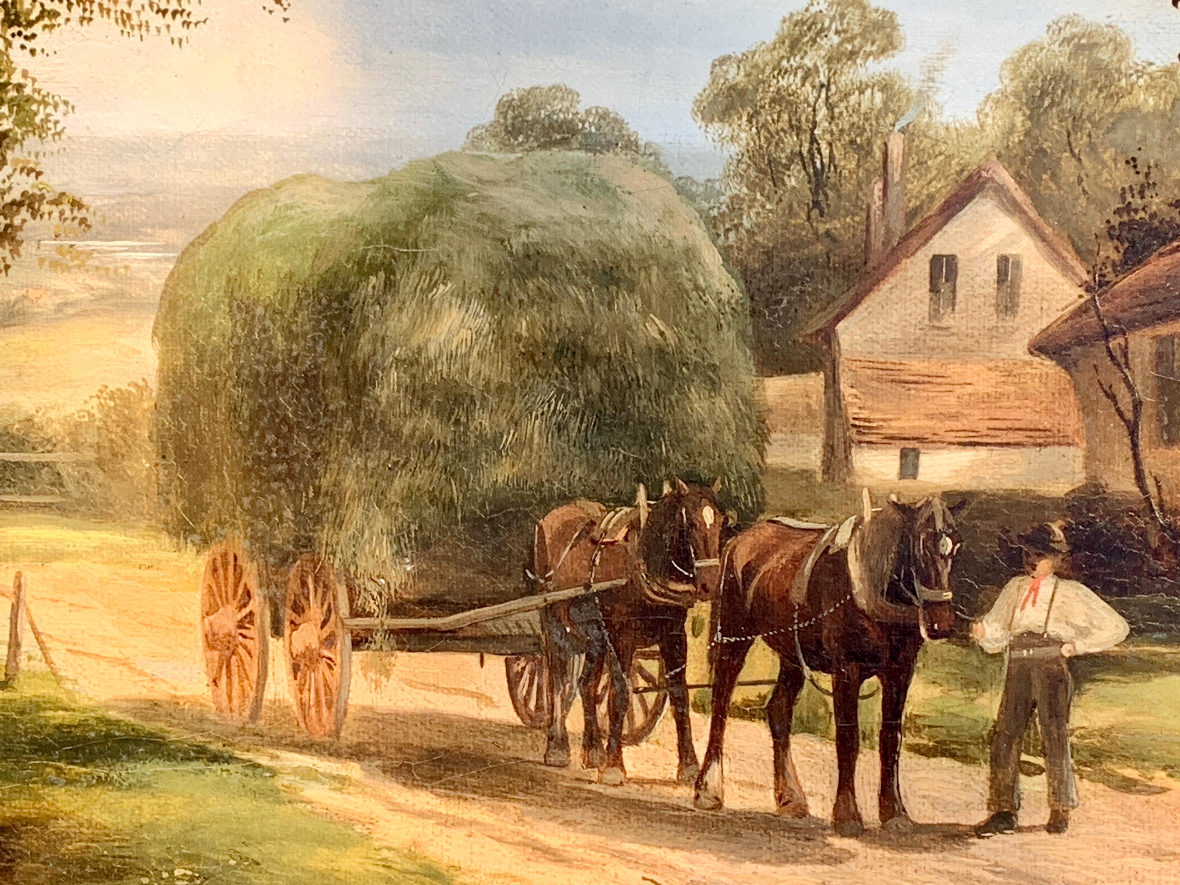 Late 19th century Antique English Village landscape, horses, people, haycart. - Victorian Painting by Charles Vickers