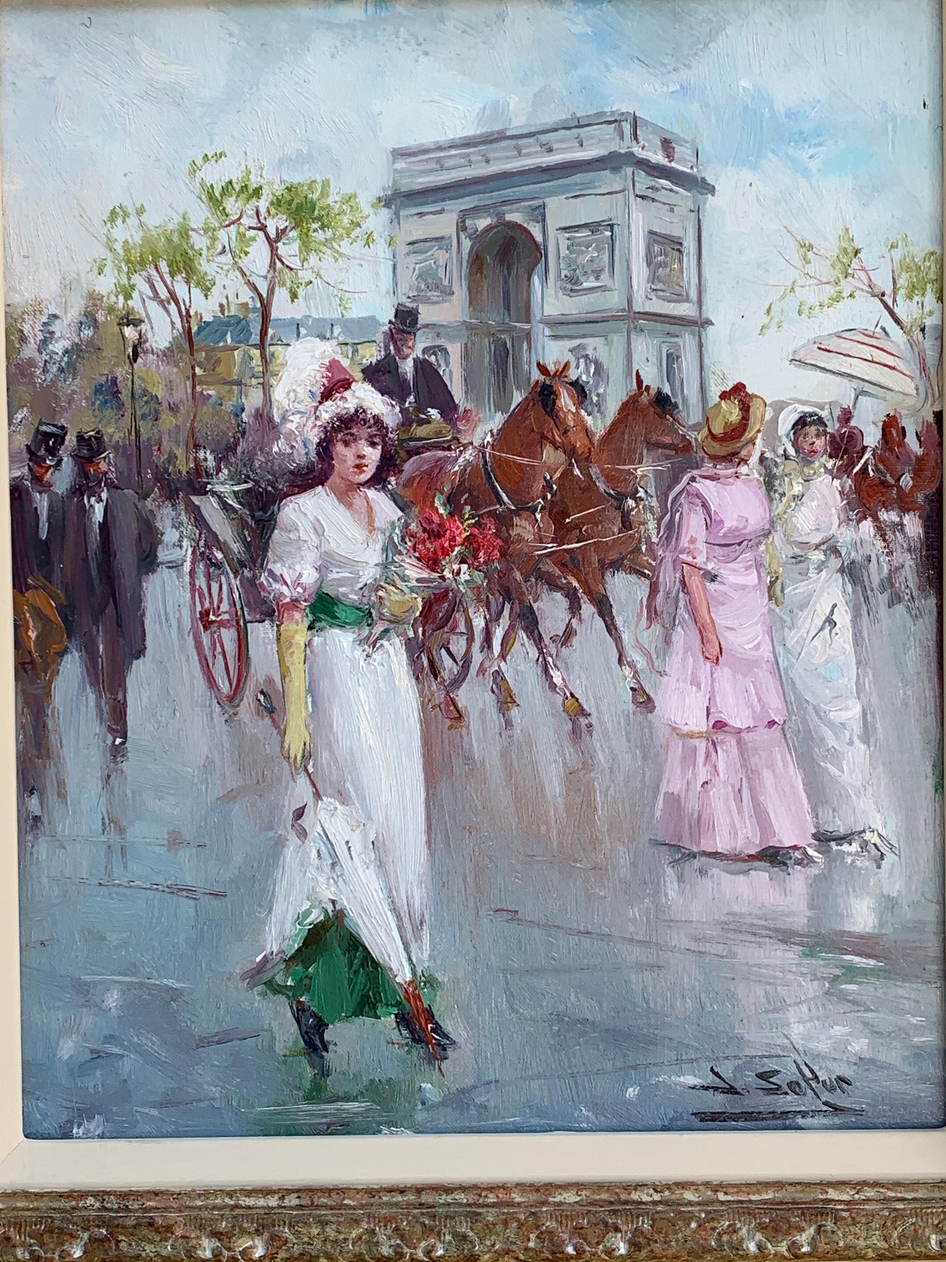 20th century Impressionist French style figures in a Parisian cityscape. - Painting by Juan De La Cruz Soler