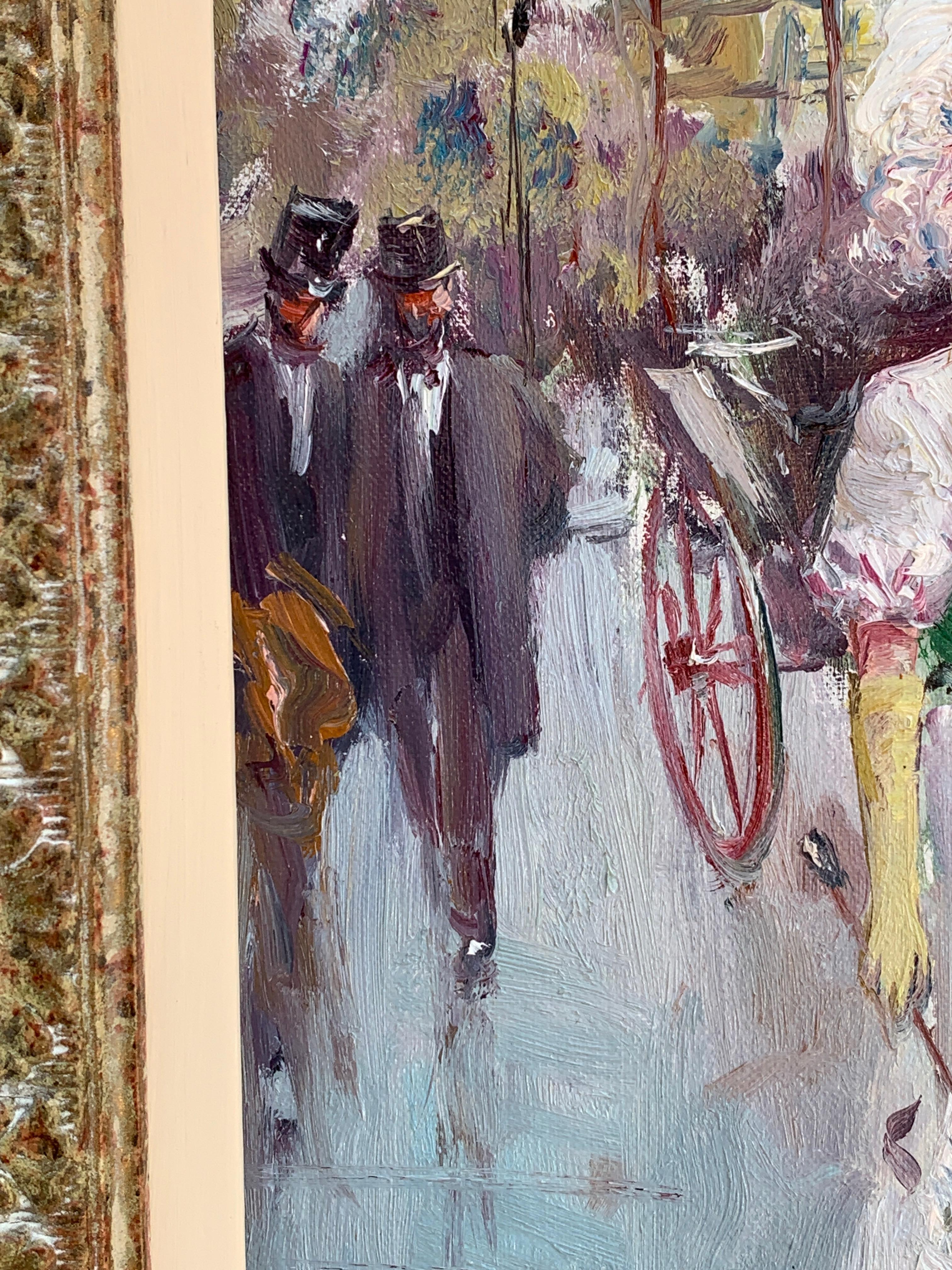 20th century Impressionist French style figures in a Parisian cityscape. - Brown Landscape Painting by Juan De La Cruz Soler