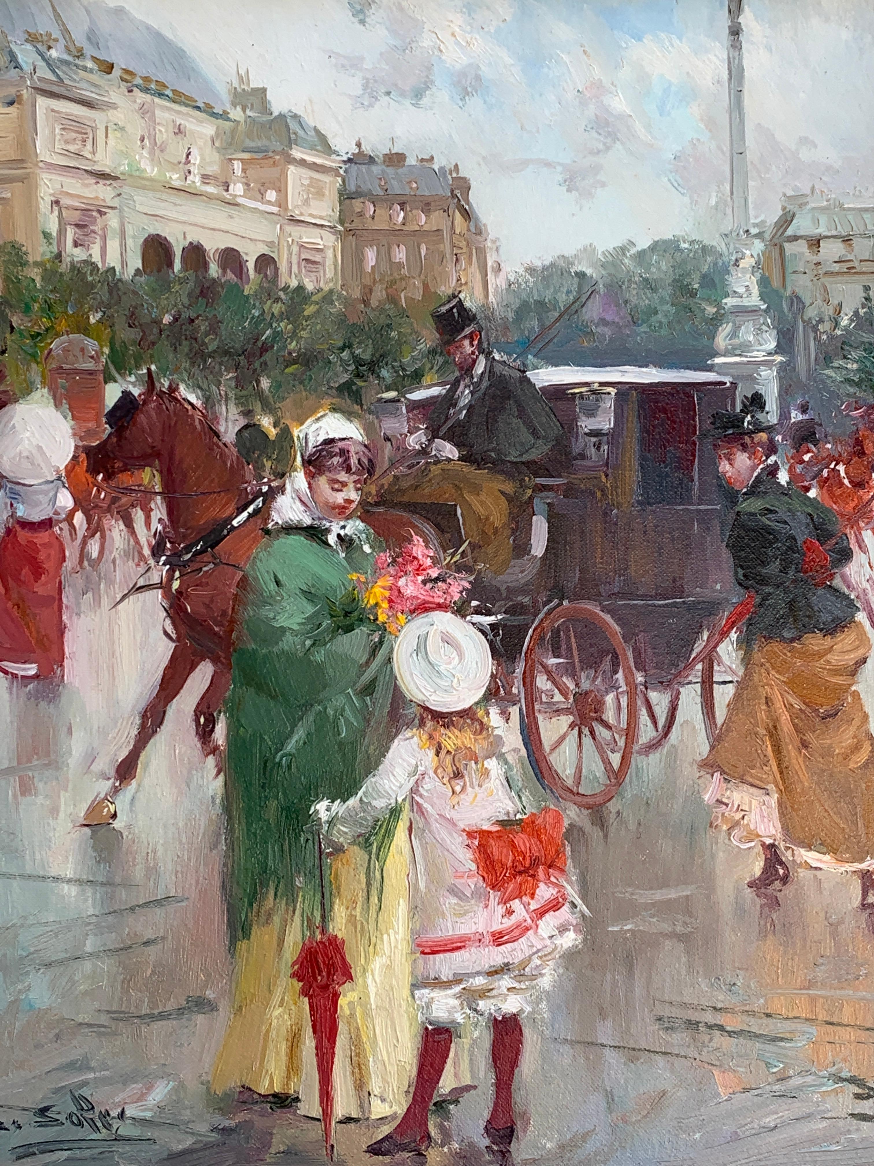 20th century Impressionist French style figures in a Parisian cityscape. - Painting by Juan De La Cruz Soler