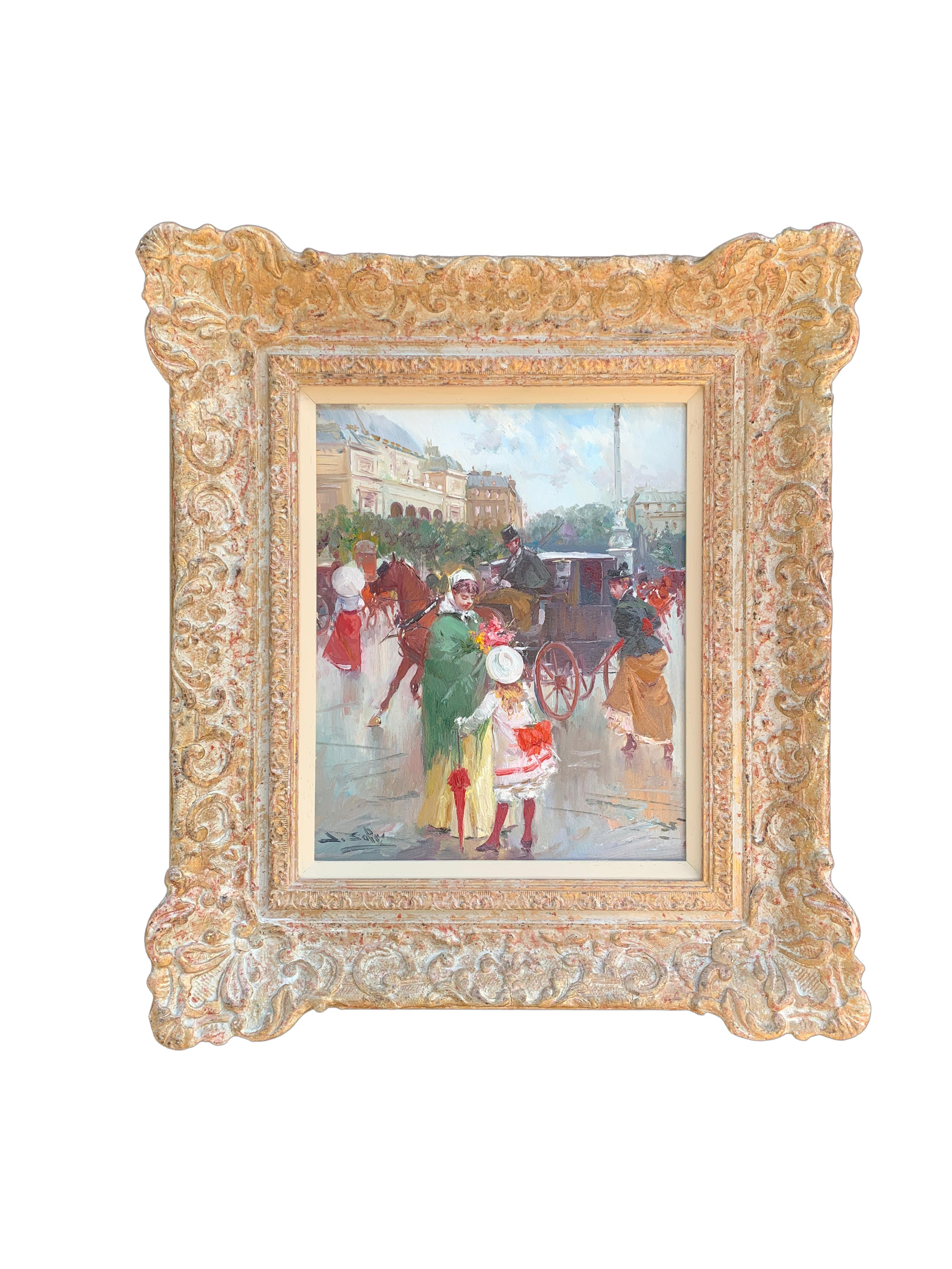 Juan De La Cruz Soler Figurative Painting - 20th century Impressionist French style figures in a Parisian cityscape.