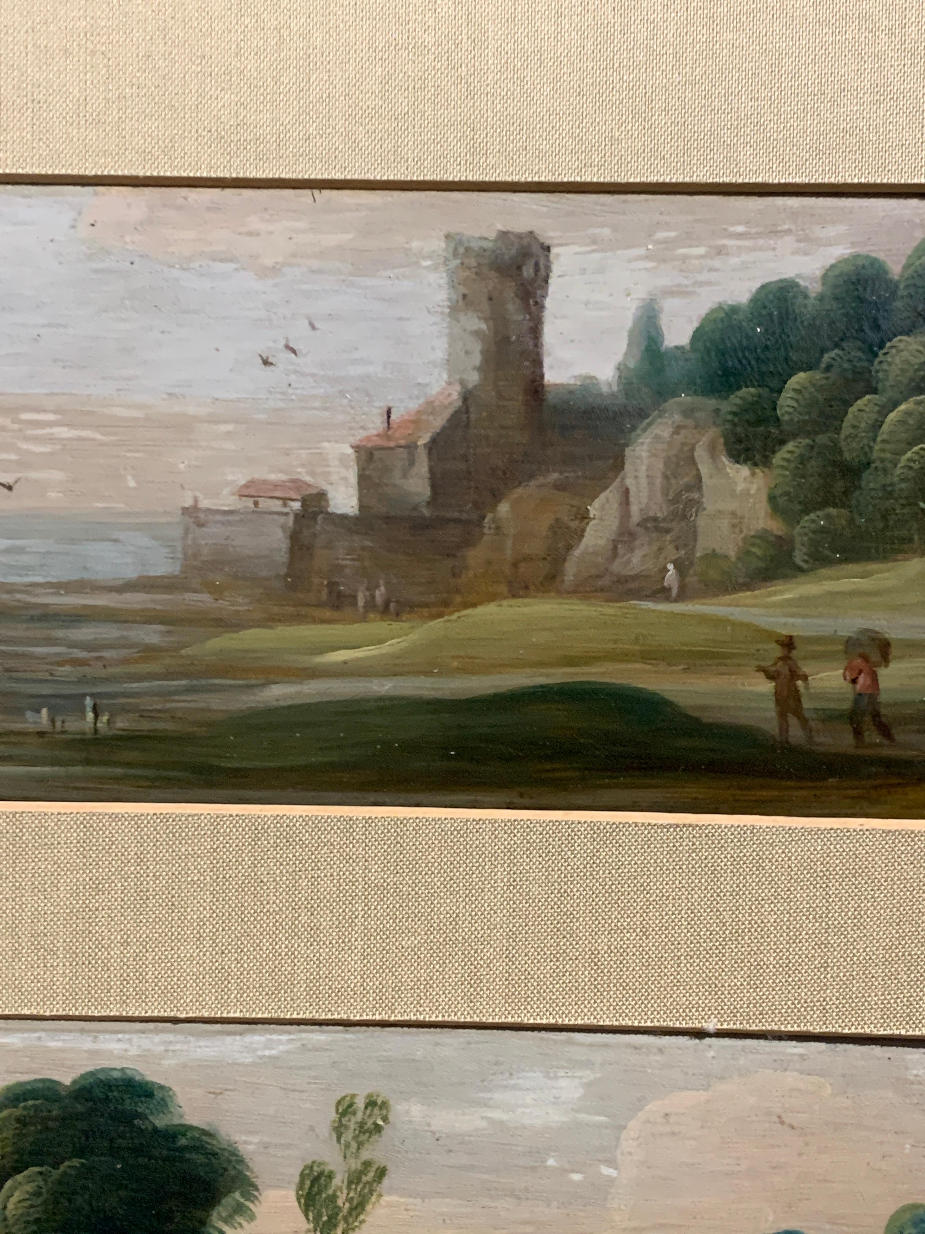 Pair of Flemish/Dutch 18th century oils on wood landscapes with figures - Old Masters Painting by 18th century Flemish school
