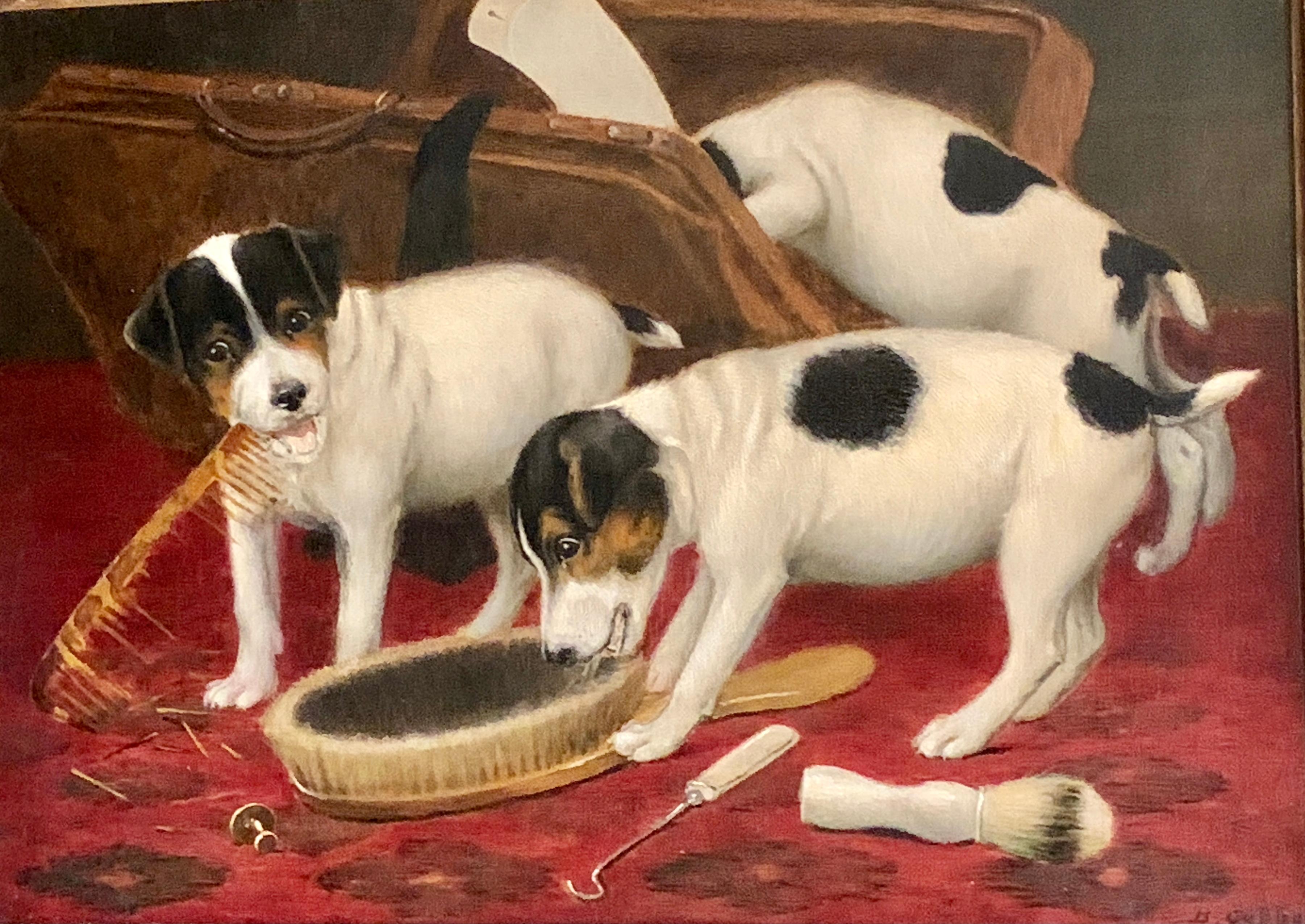 English interior of Jack Russell puppy dogs playing with a mans vanity case - Painting by Bernard Cobbe
