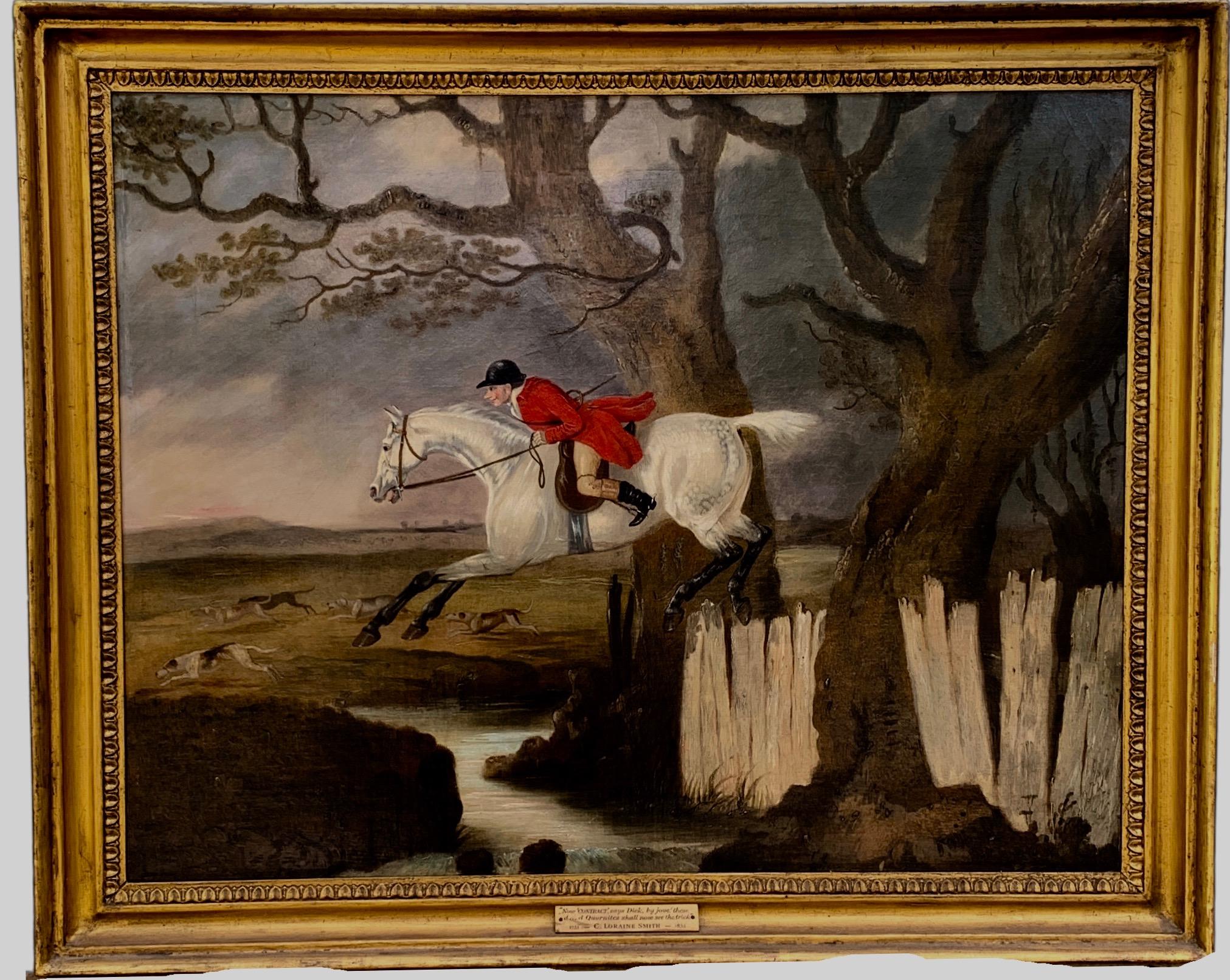 English 18th century Fox hunting landscape, with Dick Knight and Pytchley Hounds - Painting by Charles Loraine Smith