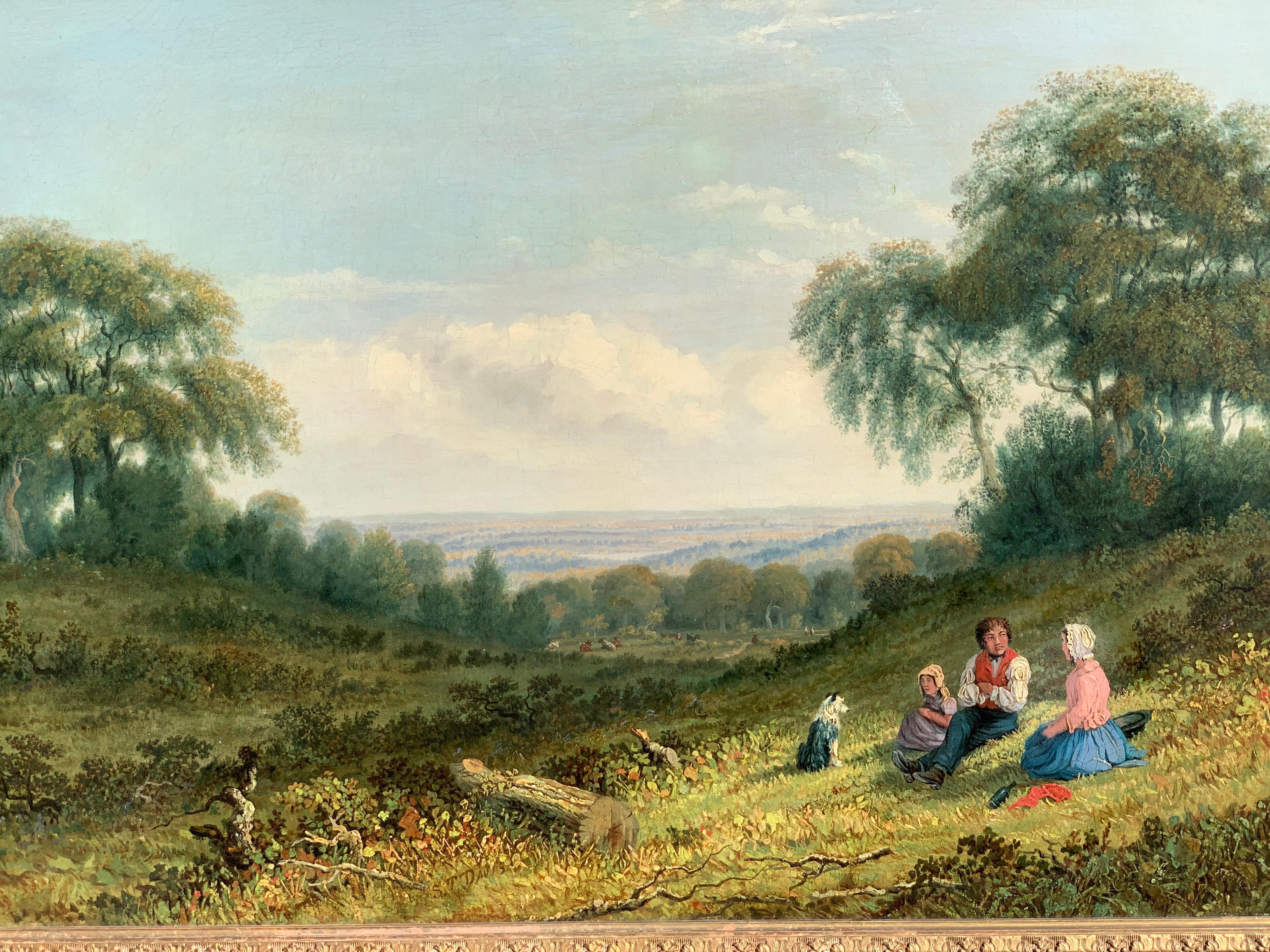 English country landscape with family resting with pet dog, 19th century oil.  - Painting by S.T.Davis