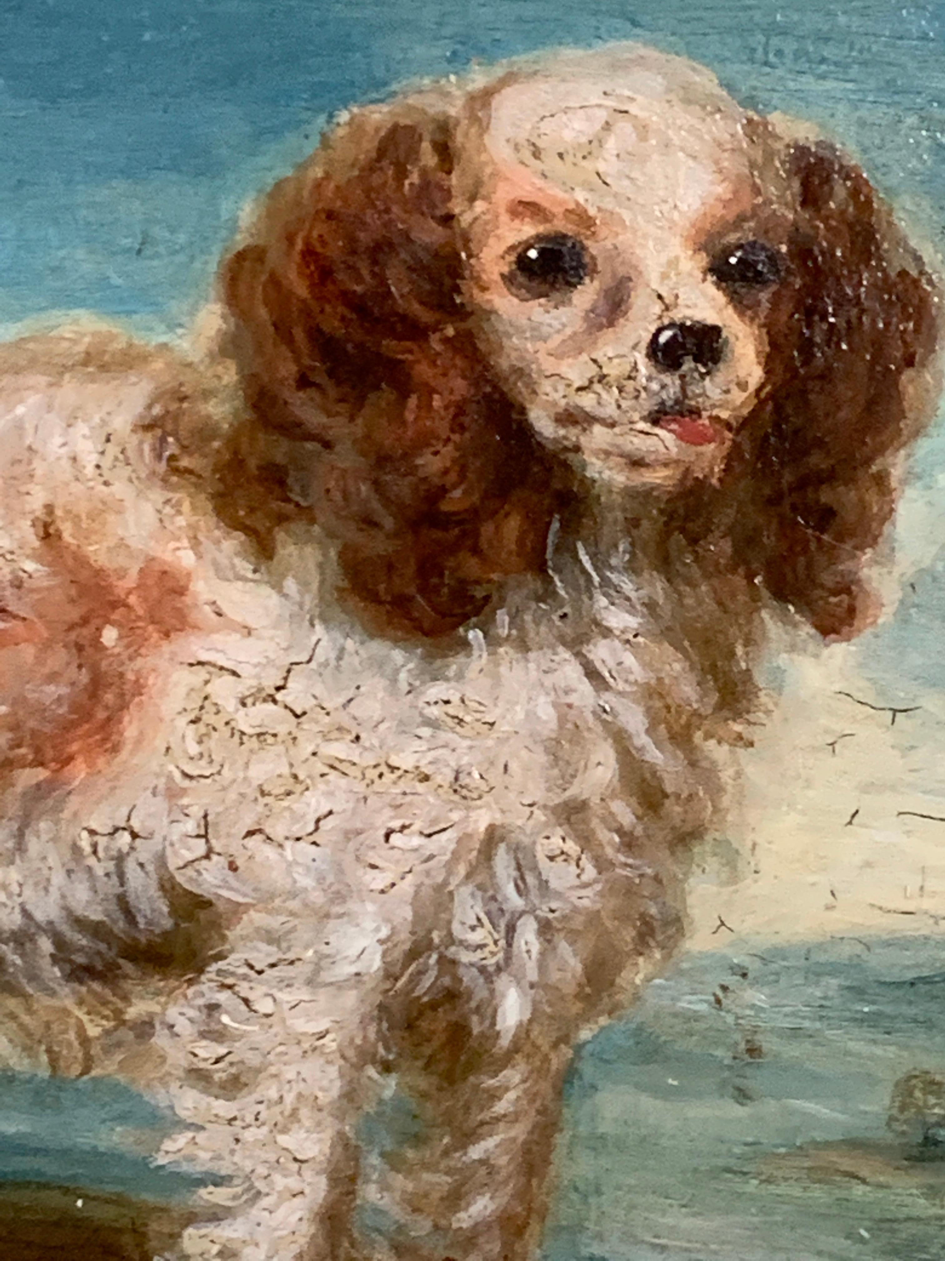 Englisches Volkskunstporträt eines englischen Spaniels aus dem 19. Jahrhundert in einer Landschaft.

Mit viel Geschick und Sorgfalt gemalt, ist dies ein charmantes Stück aus dem 19. Jahrhundert. 

Mit dem originalen Etikett des Künstlers aus dem 19.