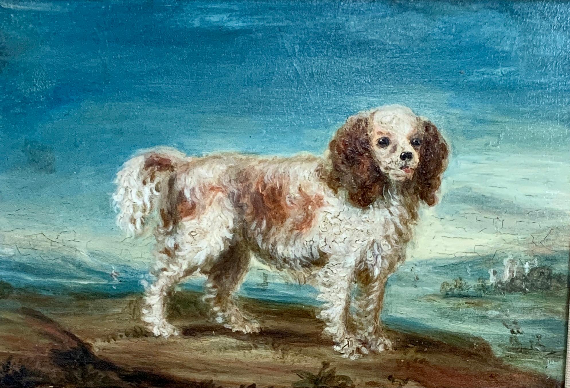 English 19th century folk art portrait of an English spaniel dog in a landscape - Painting by Unknown