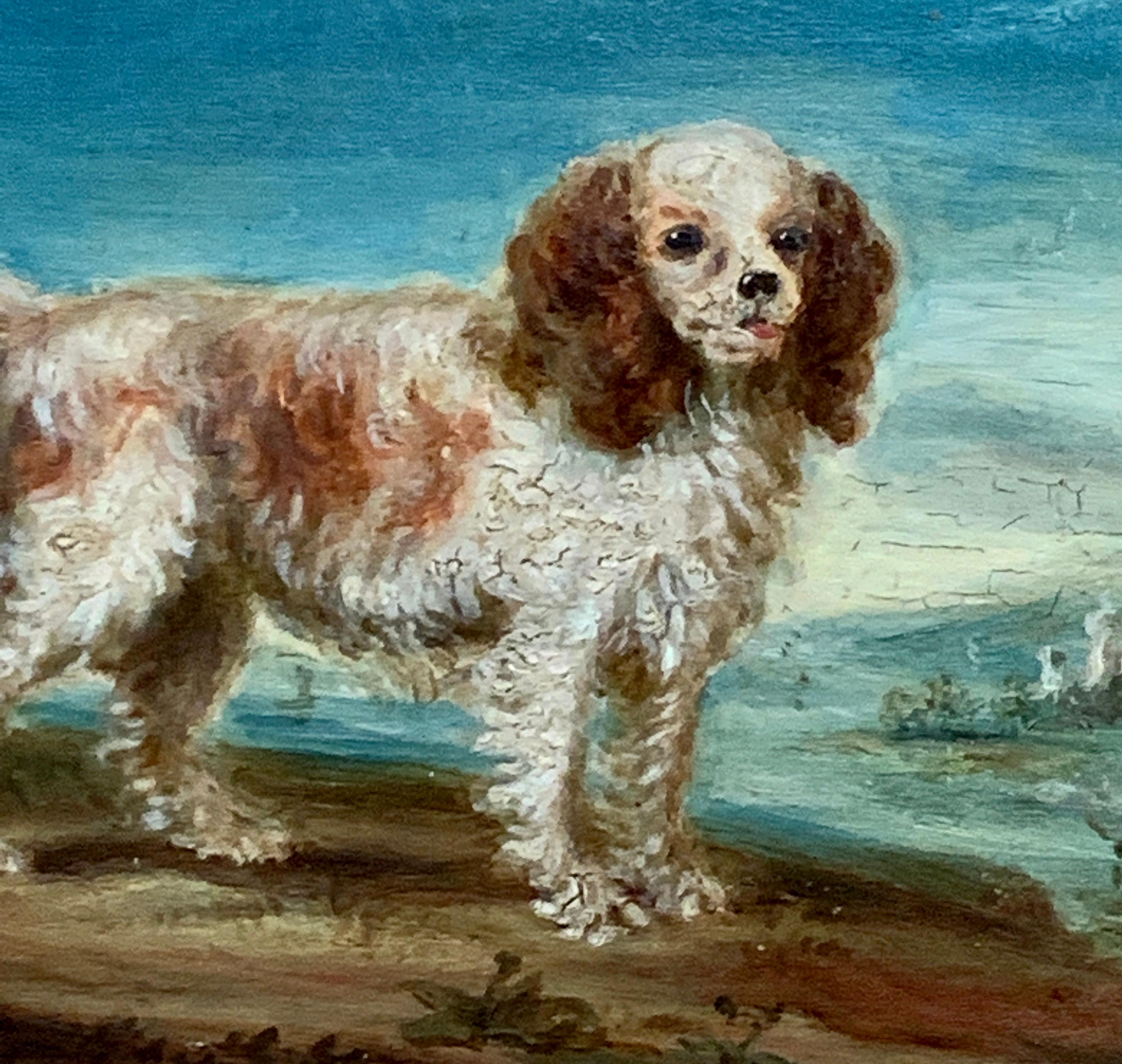 Englisches Volkskunstporträt eines englischen Spanielhundes aus dem 19. Jahrhundert in einer Landschaft (Braun), Animal Painting, von Unknown