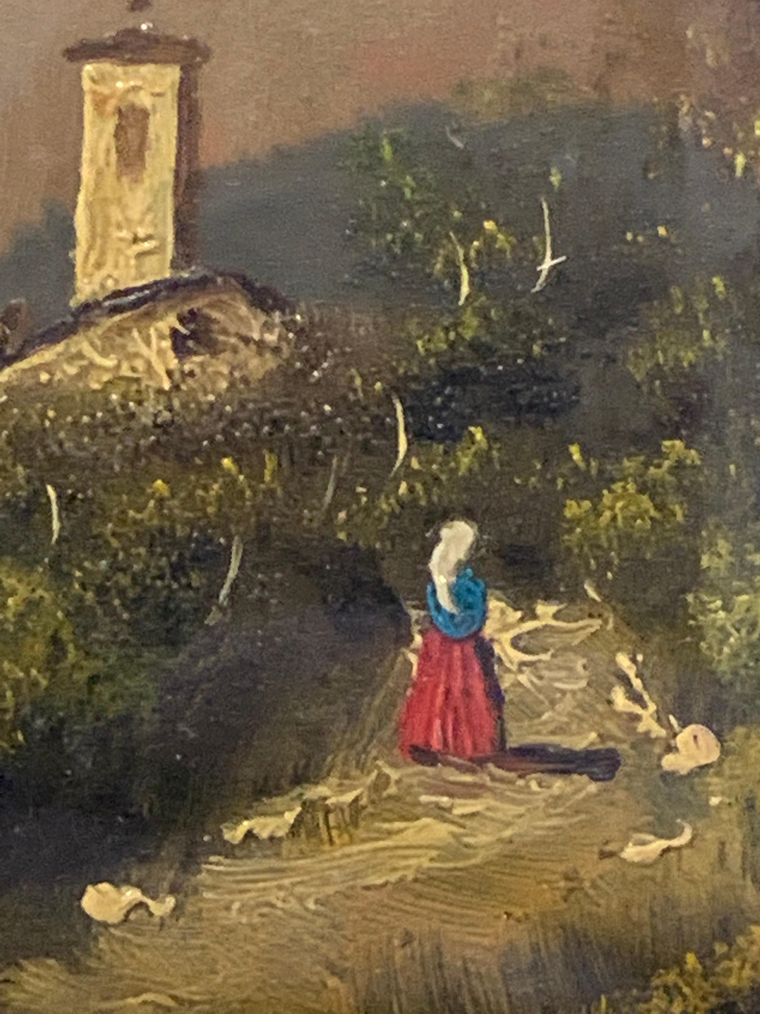 Cinque paesaggi italiani ad olio della metà del XX secolo con figure, castelli e chiese in vendita 11