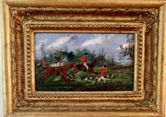 Peinture à l'huile ancienne du 19ème siècle représentant la chasse au renard avec des chiens de chasse sur un paysage et des chevaux