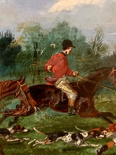 Oil Painting, Antique 19th century Fox hunting with hounds in a landscape horses