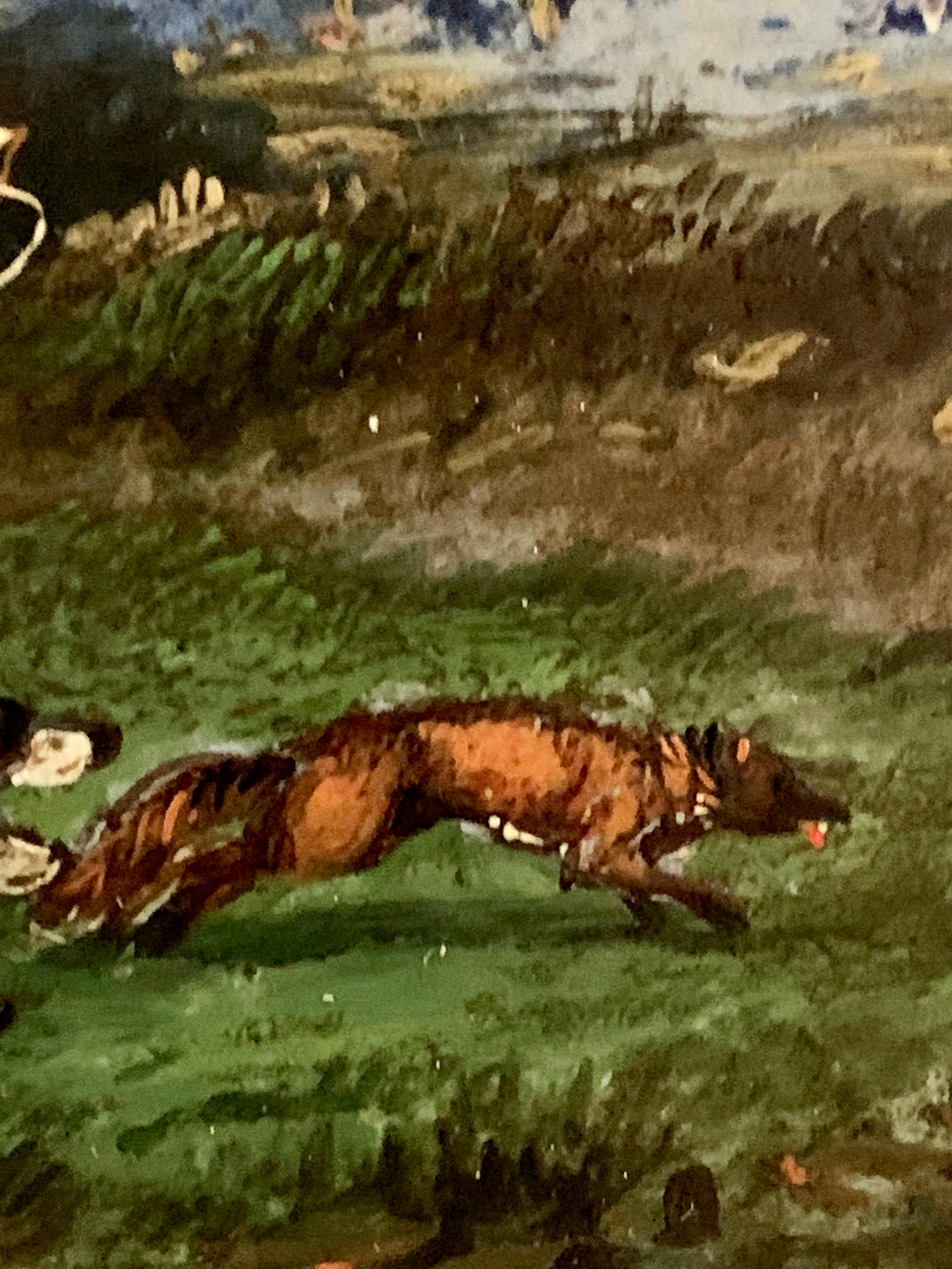 Oil Painting, Antique 19th century Fox hunting with hounds in a landscape horses - Brown Landscape Painting by Henry Thomas Alken