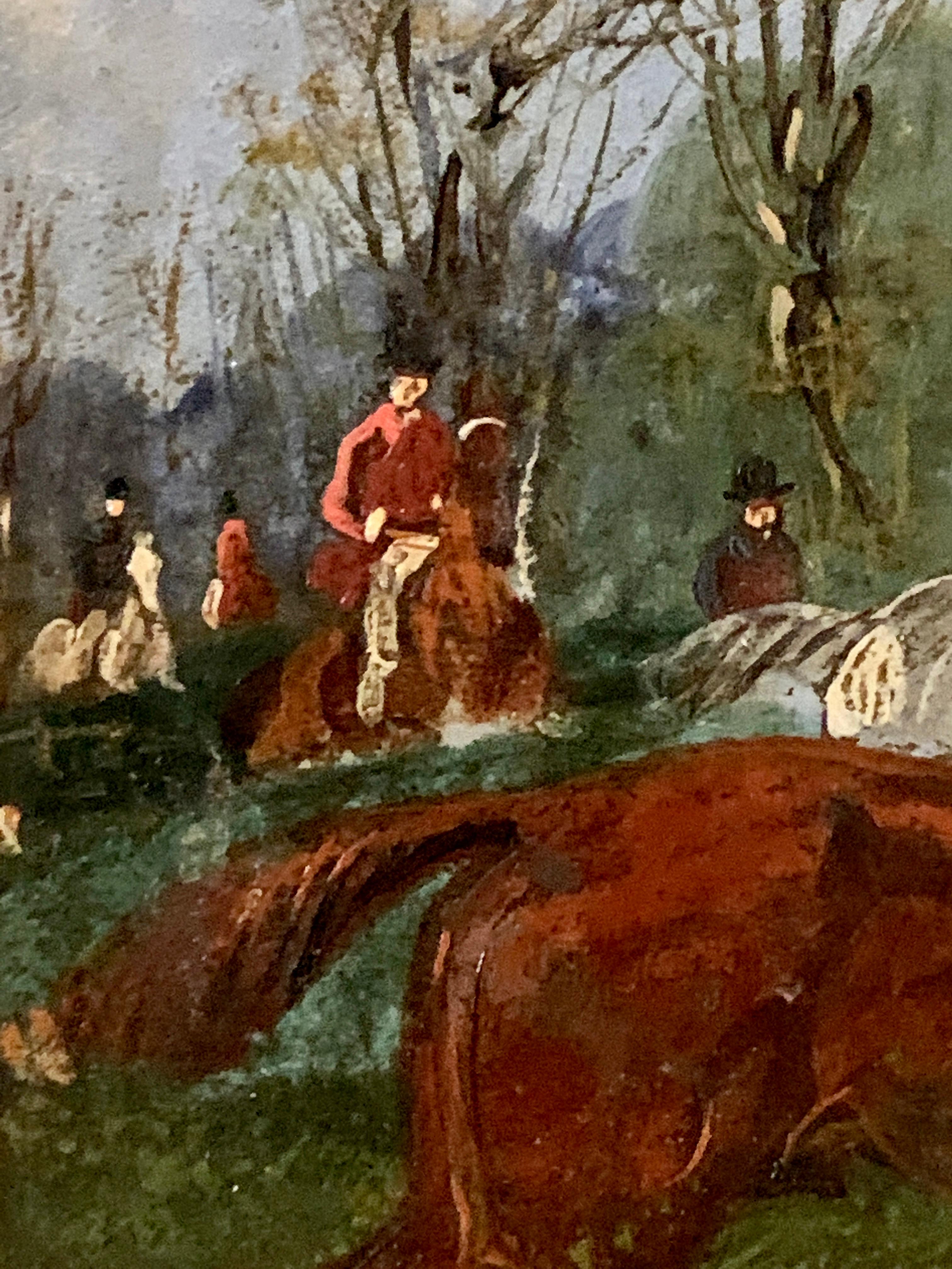 Oil Painting, Antique 19th century Fox hunting with hounds in a landscape horses 2
