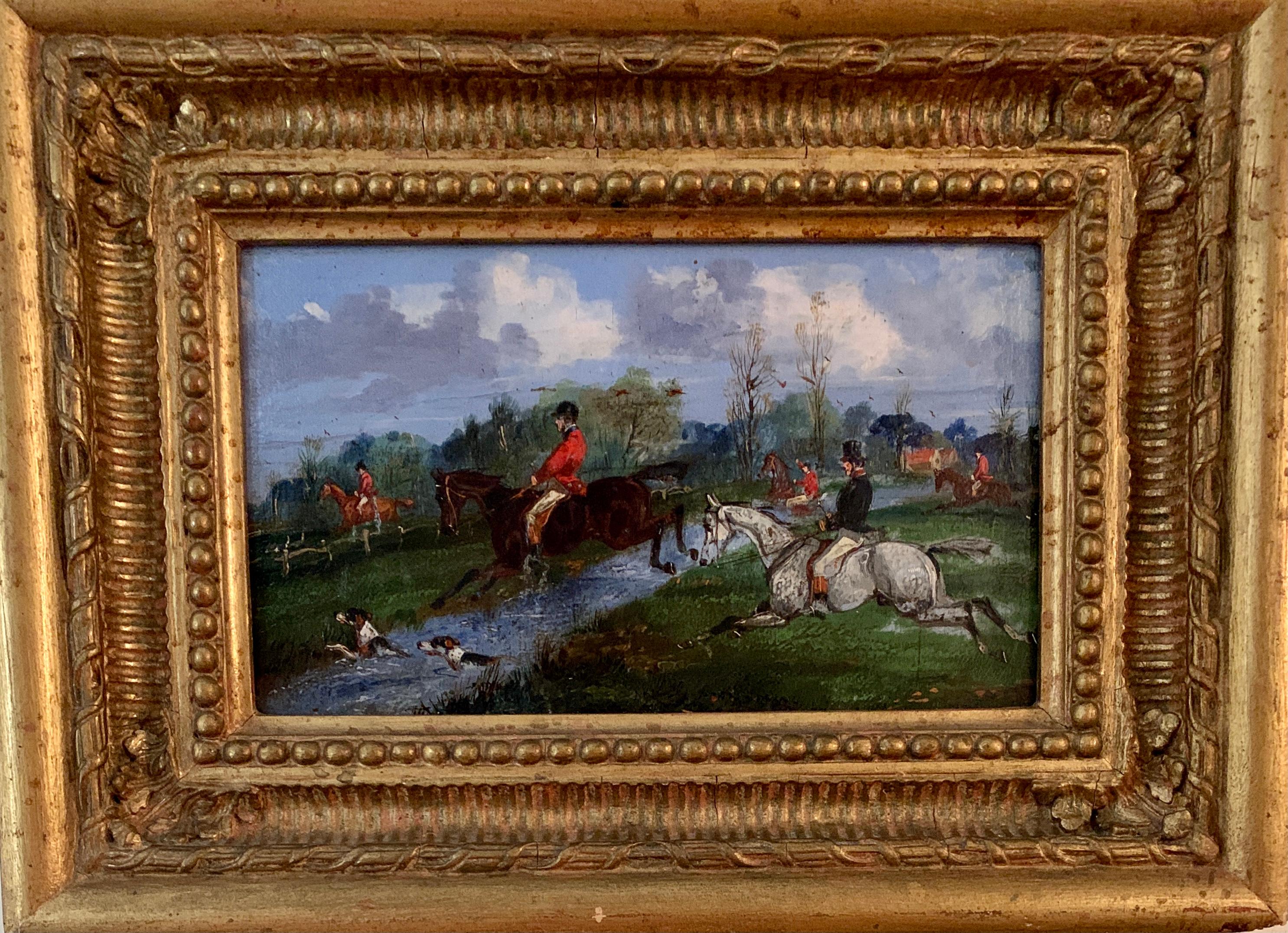 Henry Thomas Alken Landscape Painting - Oil Painting, Antique 19th century Fox hunting with hounds in a landscape horses