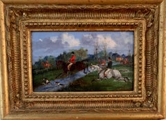 Peinture à l'huile ancienne du 19ème siècle représentant la chasse au renard avec des chiens de chasse sur un paysage et des chevaux