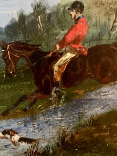 Oil Painting, Antique 19th century Fox hunting with hounds in a landscape horses