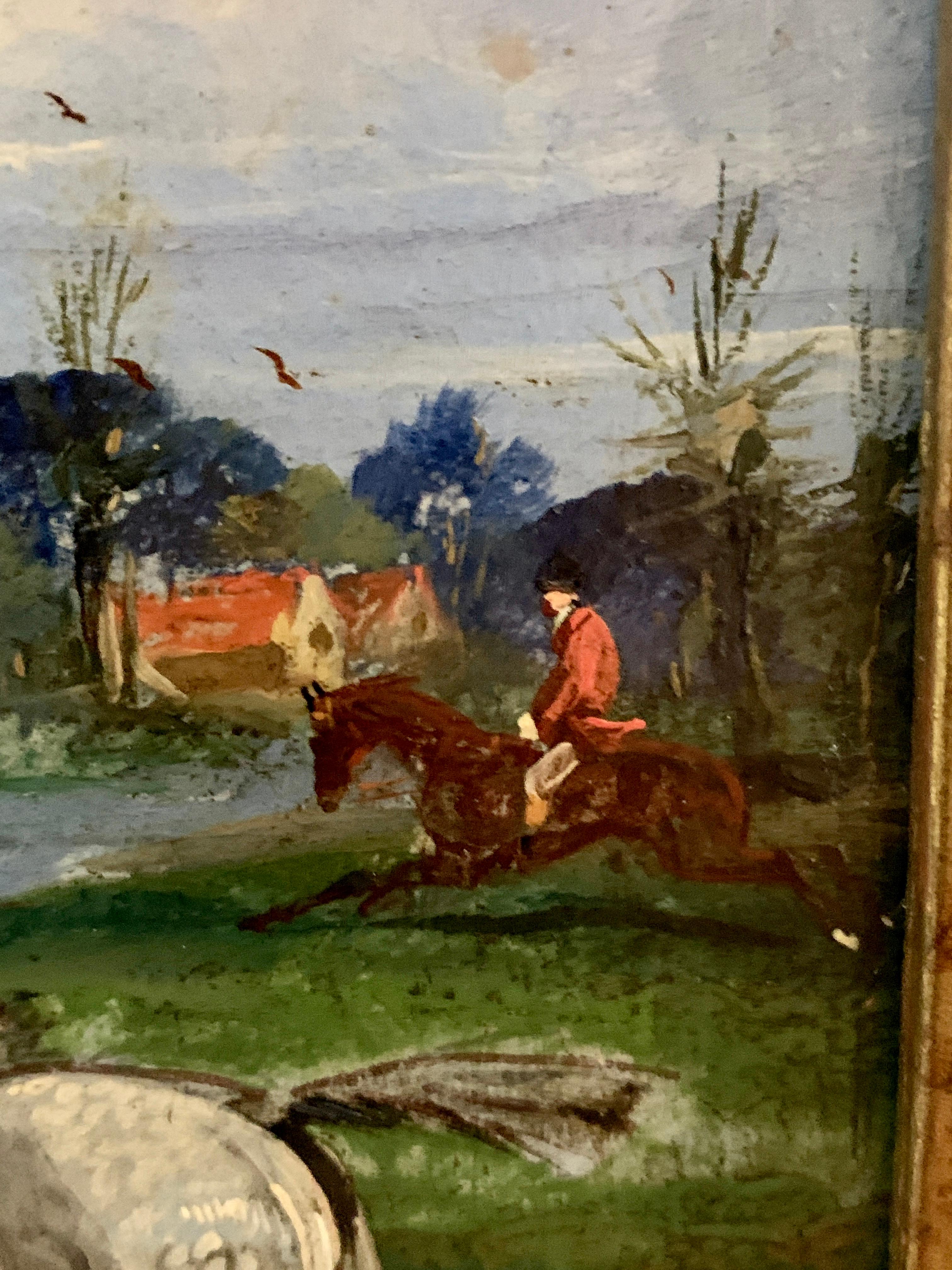 Oil Painting, Antique 19th century Fox hunting with hounds in a landscape horses 1