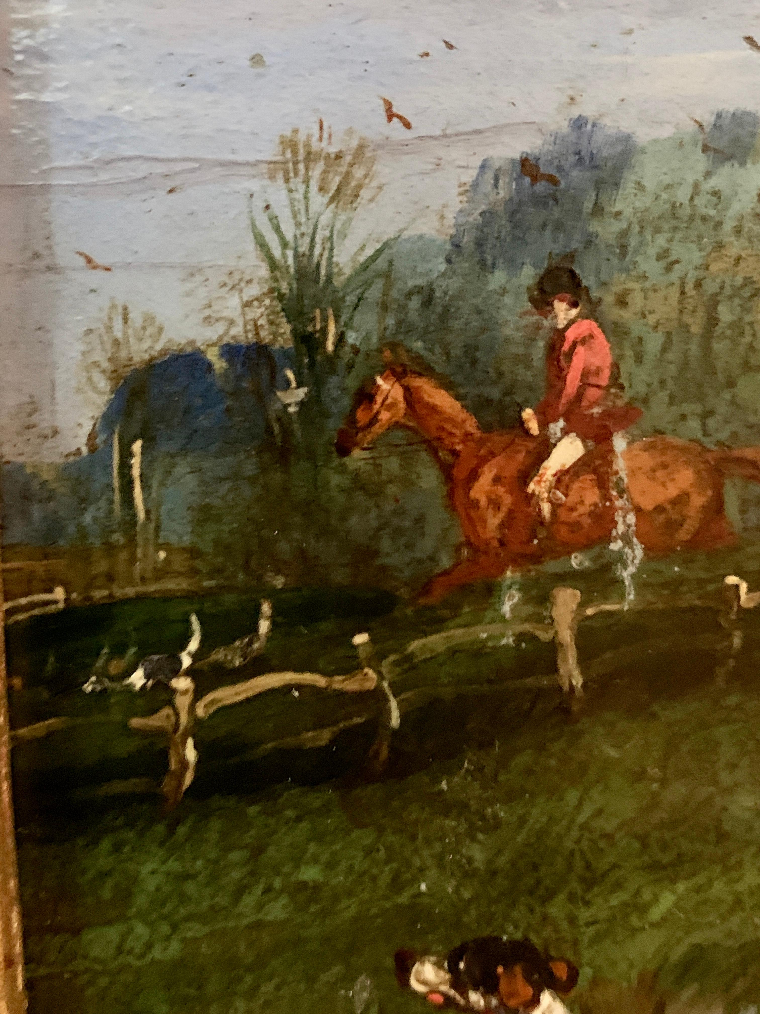 Oil Painting, Antique 19th century Fox hunting with hounds in a landscape horses 3