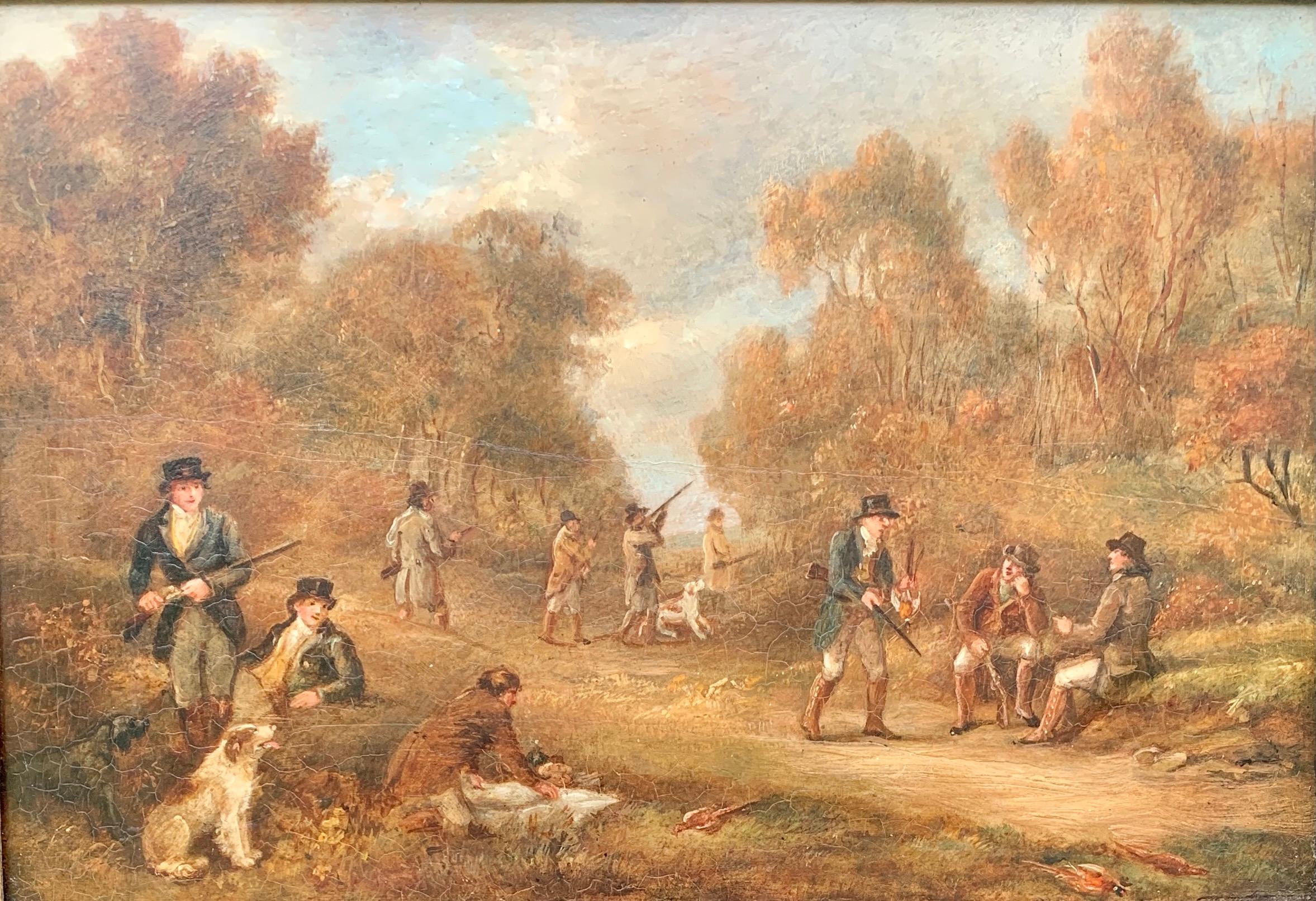 Unknown Figurative Painting - Antique oil paintings, set of Four English Early 19th century shooting scenes