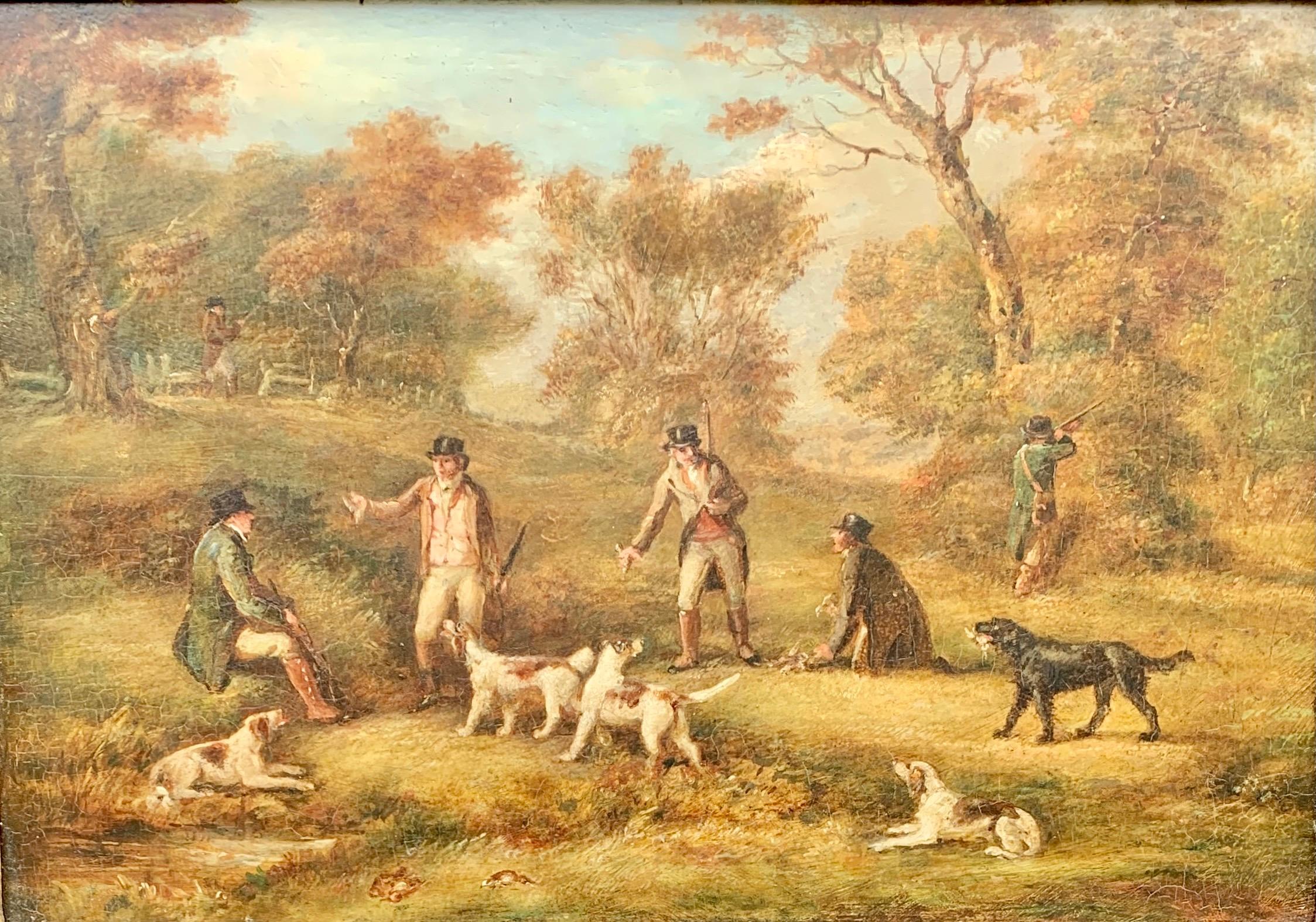 A set of English shooting paintings in extensive landscapes.  

All four are oils on wooden panels and show different bird hunting scenes, such as snipe, pheasant, and partridge hunting. 
