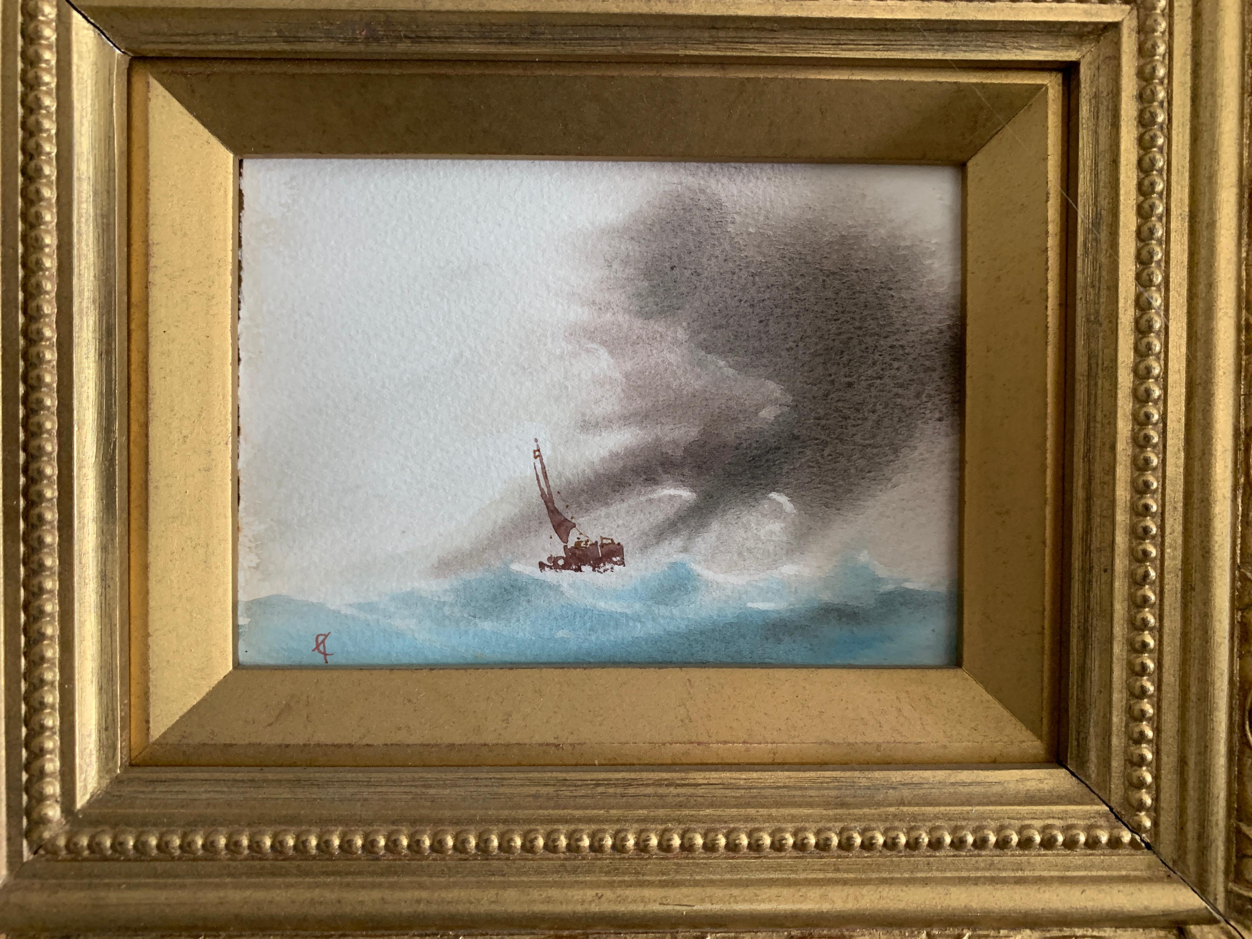English 20th century, fishing boats at sea with storm clouds approaching. - Art by Thomas Castle