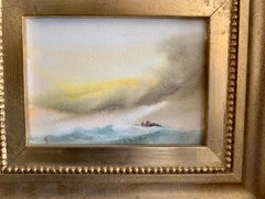 English 20th century, fishing boats at sea with storm clouds approaching.