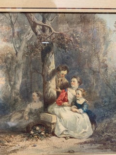 Aquarelle française du début du 19e siècle représentant des personnages dans un paysage boisé.