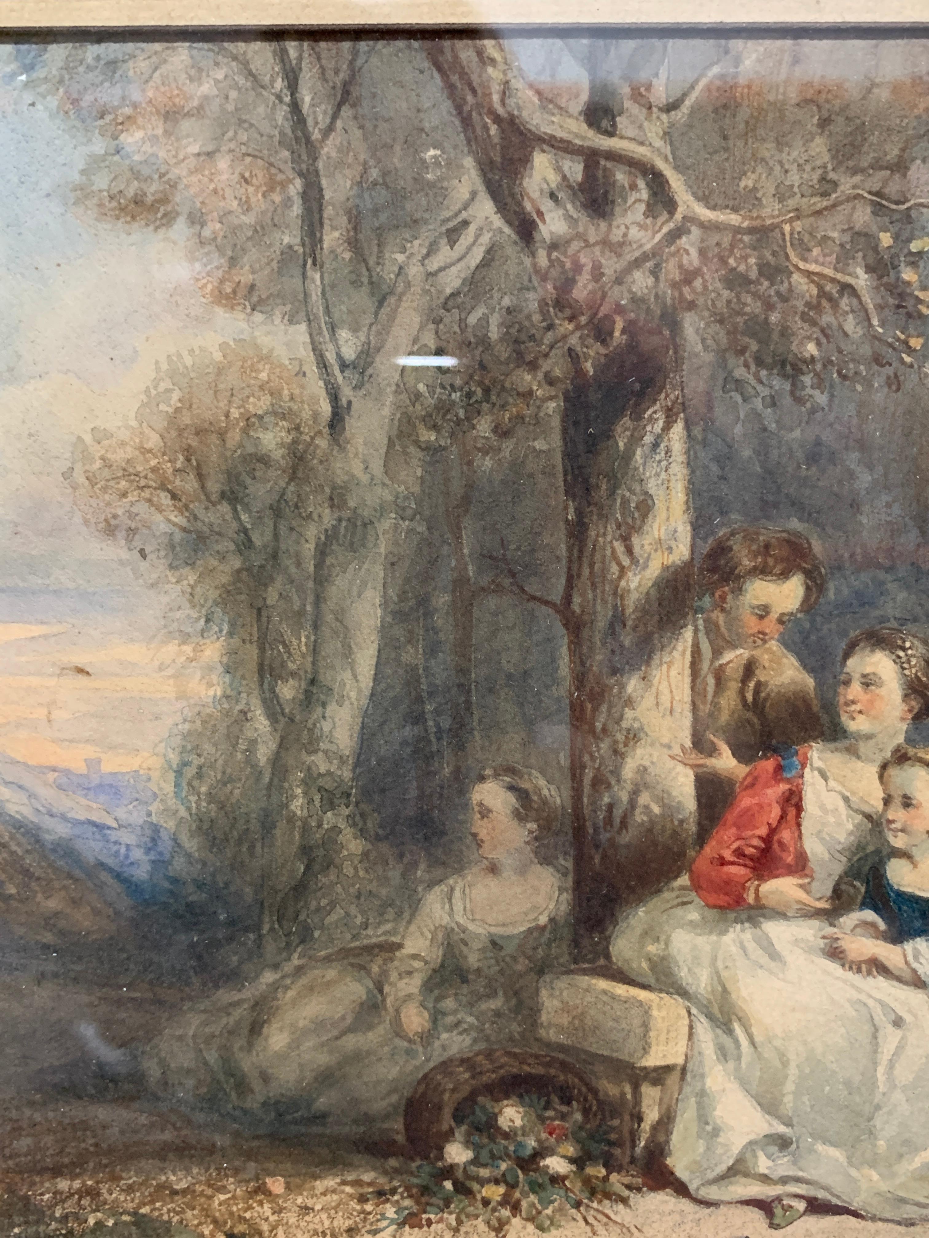 Early 19th century French watercolor of figures in a wooded landscape - Victorian Art by Unknown
