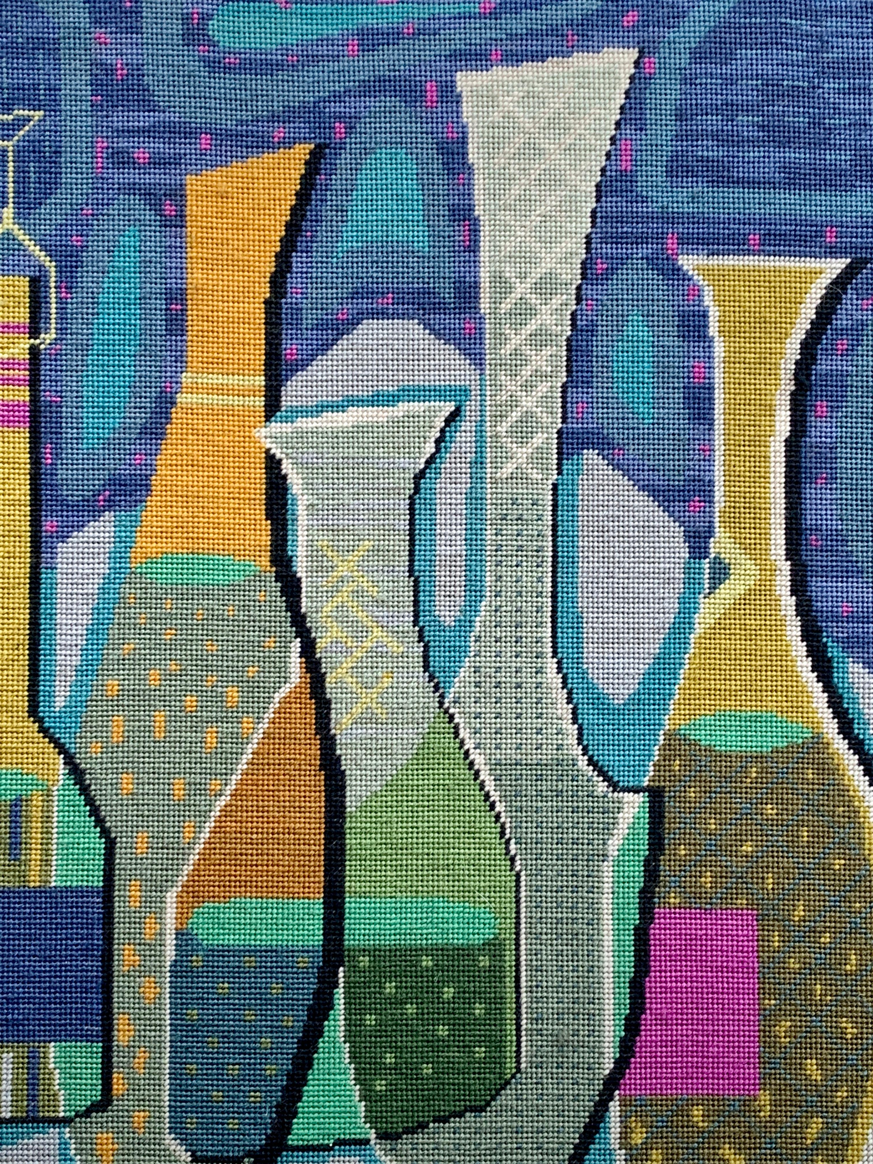 Mid Century Modern English Abstract tapestry of bottles, glasses on a table 1
