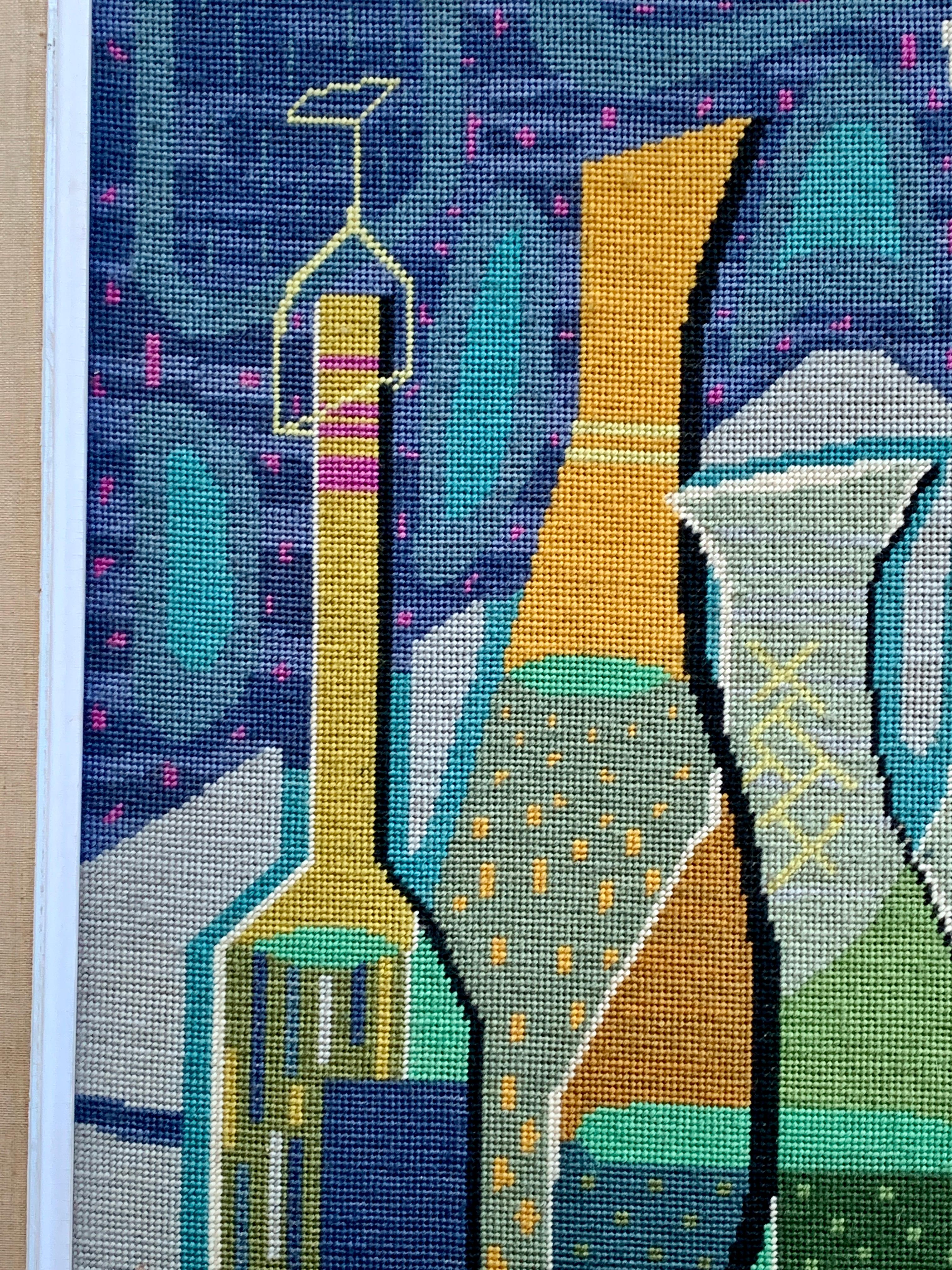 Mid Century Modern English Abstract tapestry of bottles, glasses on a table 2