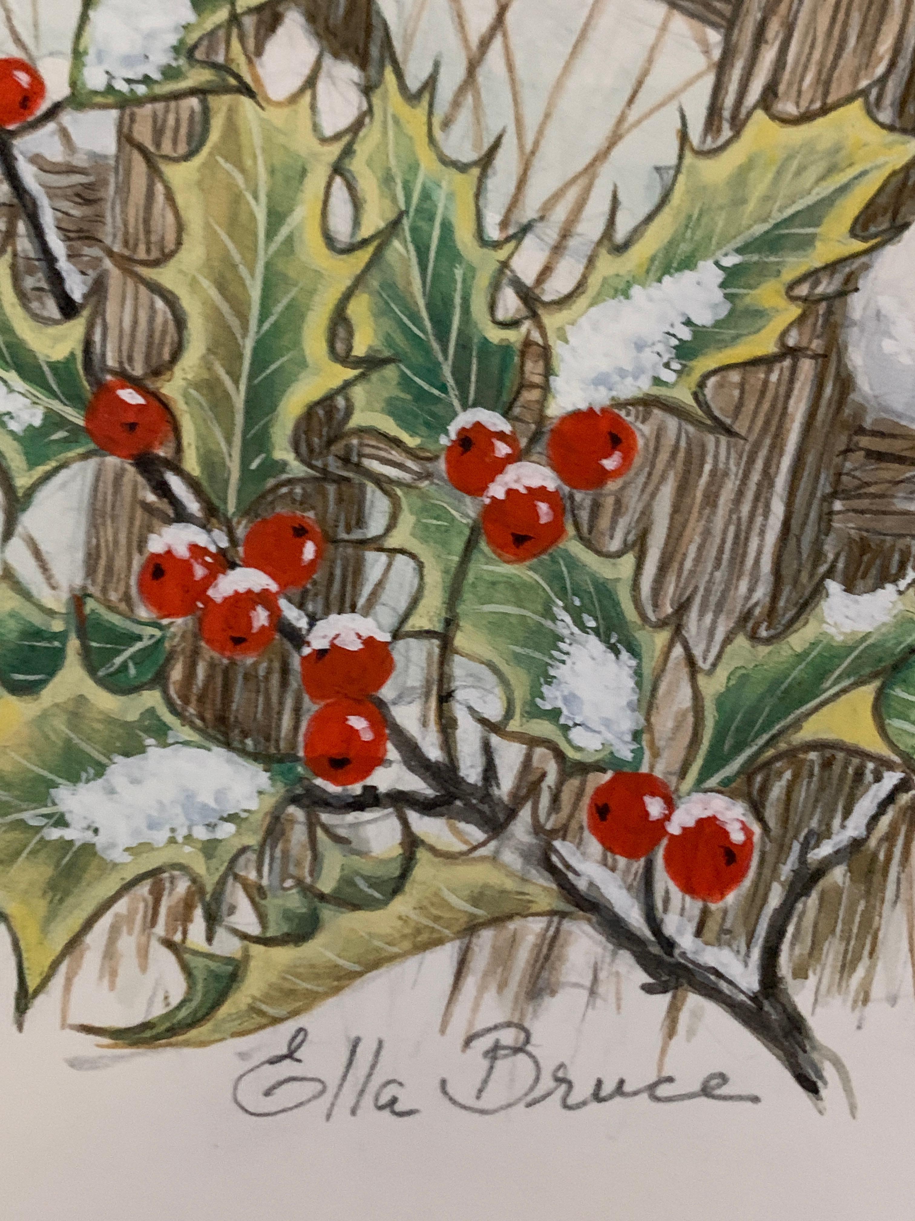 Englisches Weihnachts-Winter-Aquarell eines Robiniens mit Holle und Beeren (Viktorianisch), Art, von Ella Bruce
