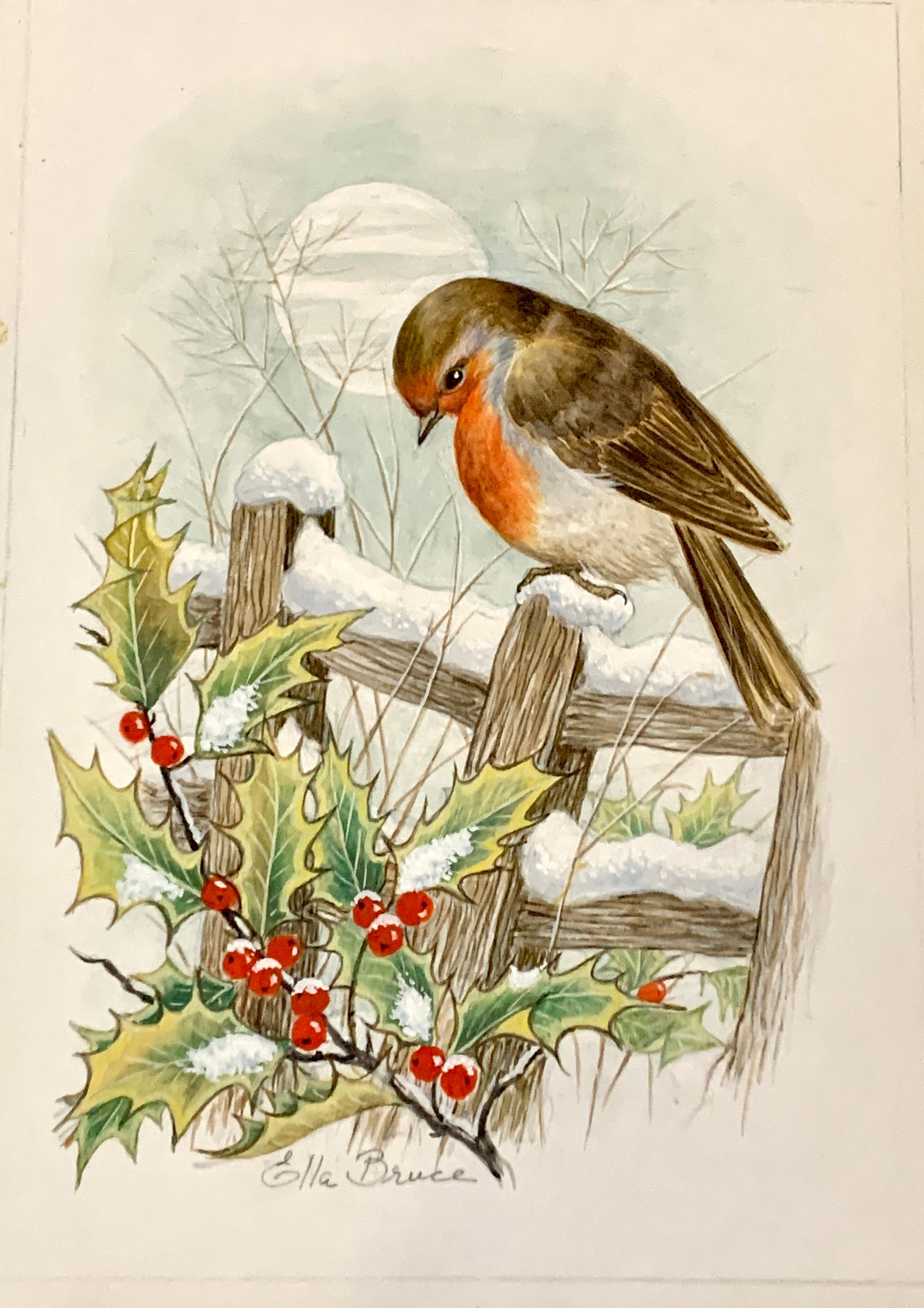 Christmas Winter English watercolor of a Robin with holly and berries