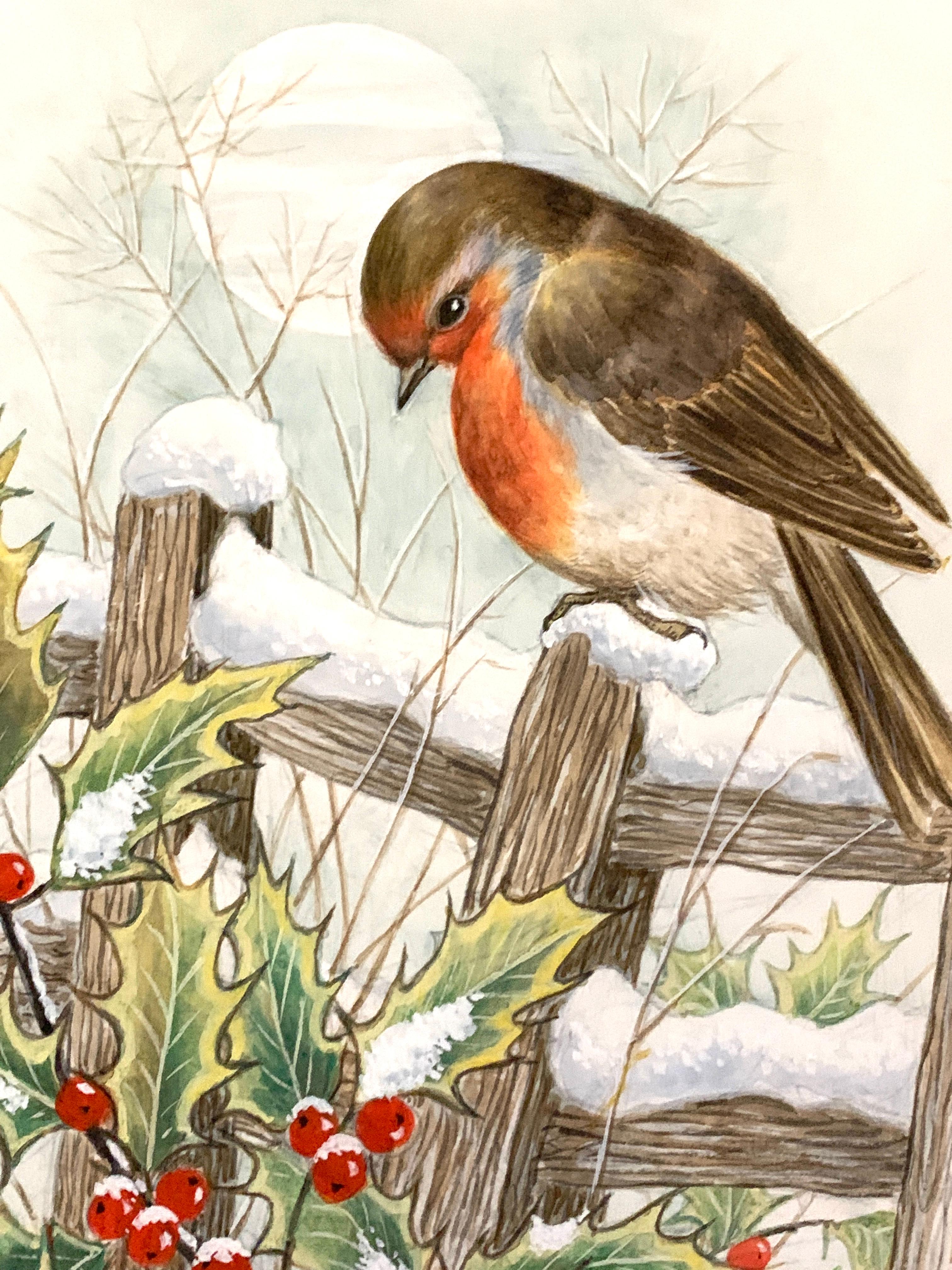 Englisches Weihnachts-Winter-Aquarell eines Robiniens mit Holle und Beeren – Art von Ella Bruce