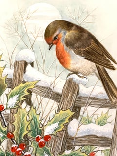 Christmas Winter English watercolor of a Robin with holly and berries