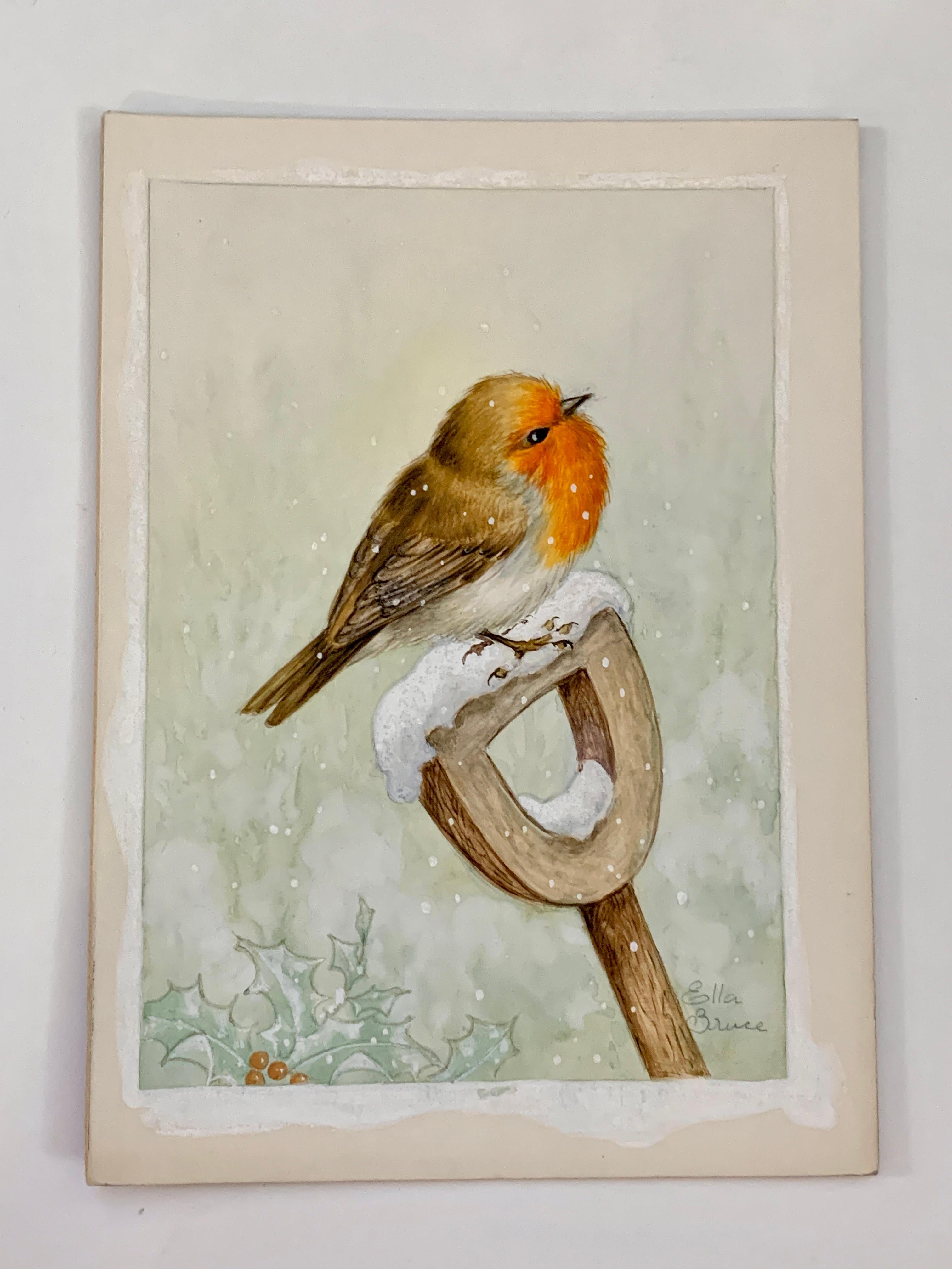 Christmas Winter English watercolor of a Robin standing on a garden fork handle