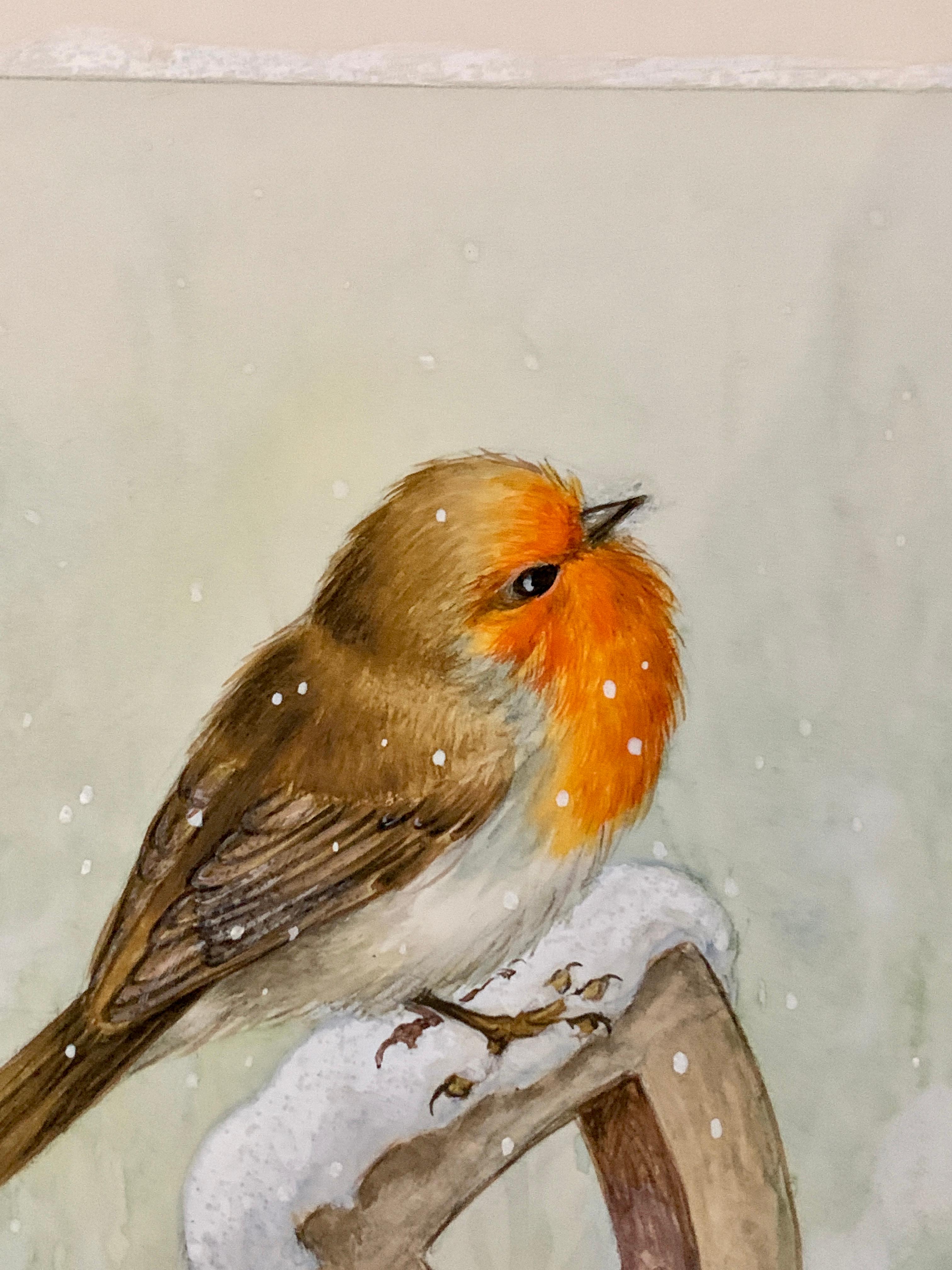 Christmas Winter English watercolor of a Robin standing on a garden fork handle - Art by Ella Bruce