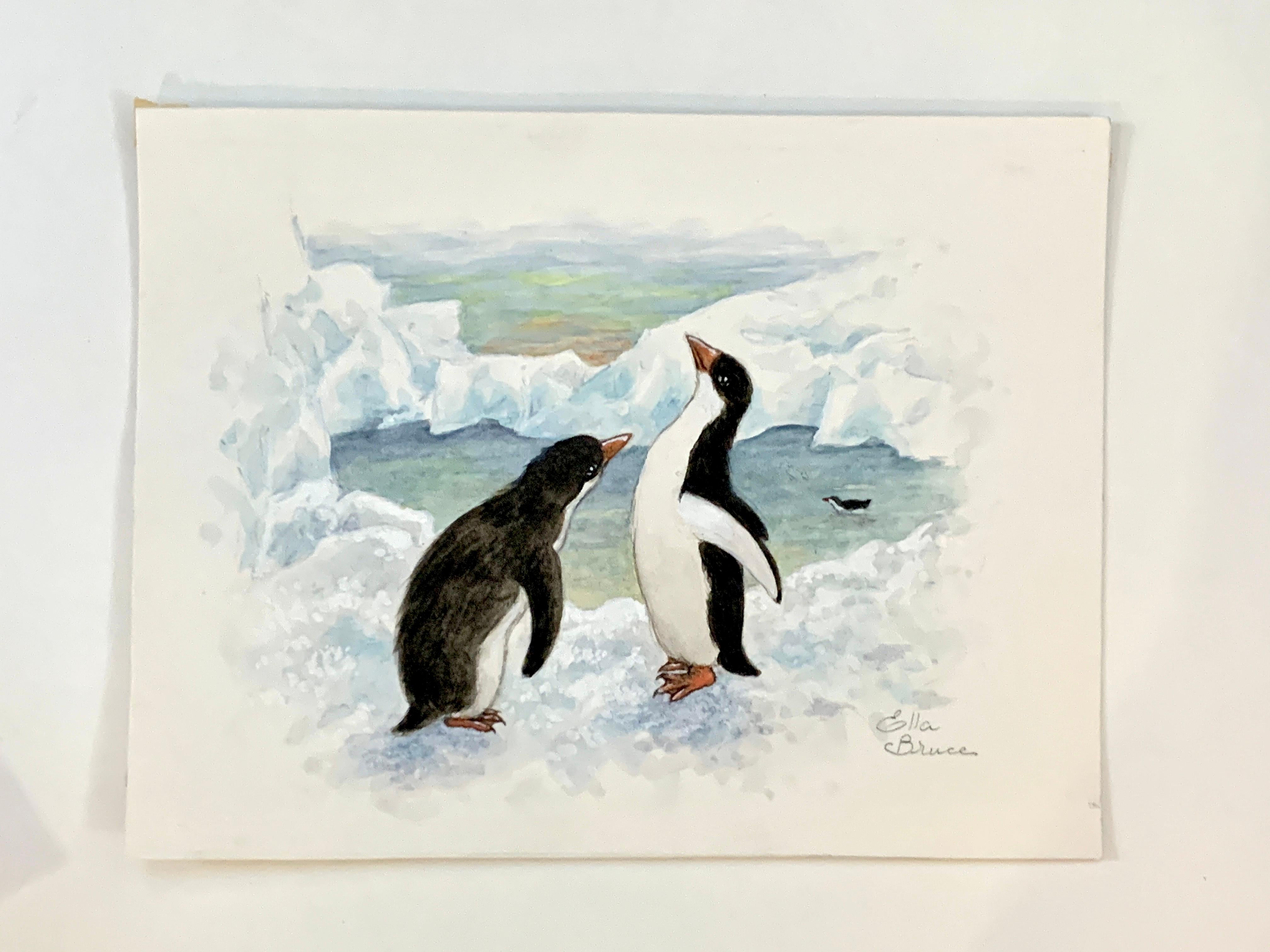 Ella Bruce Figurative Art - Christmas Winter English watercolor of two Penguins in the Antarctic 