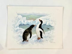 Vintage Christmas Winter English watercolor of two Penguins in the Antarctic 
