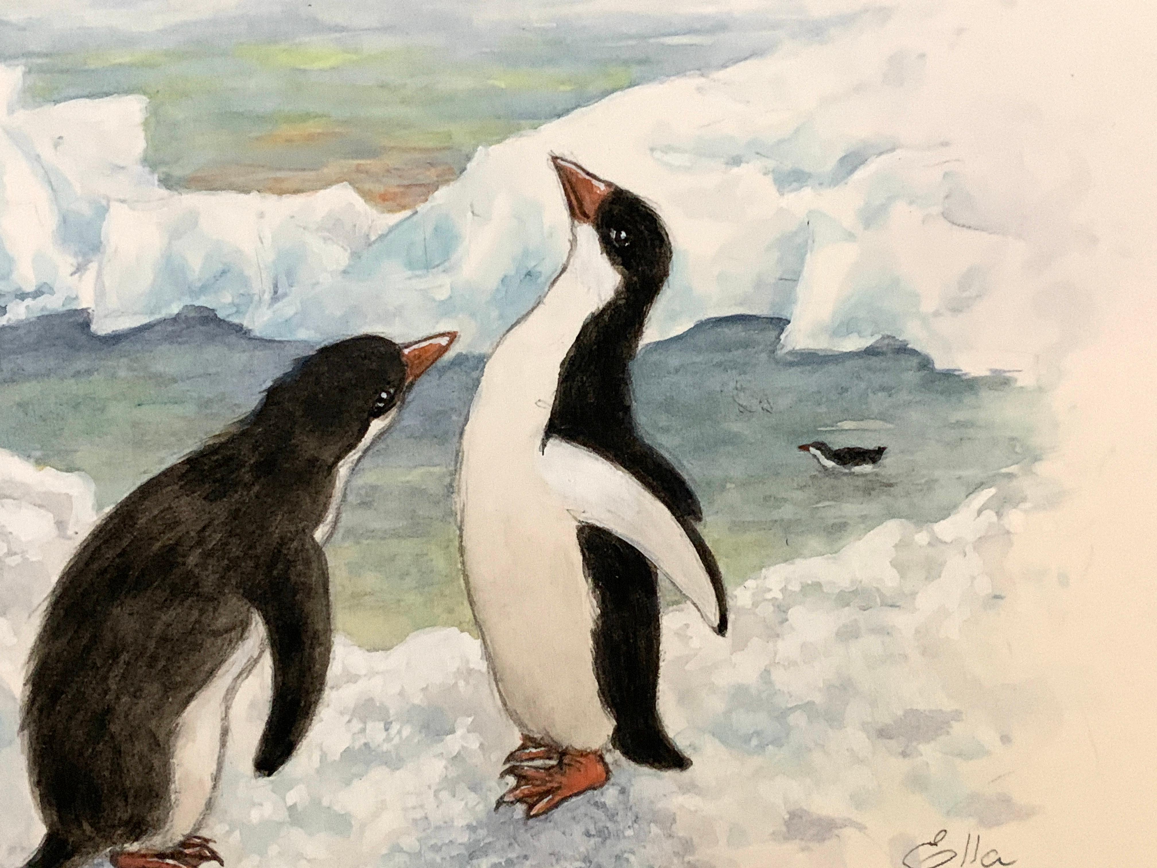 Christmas Winter English watercolor of two Penguins in the Antarctic  - Art by Ella Bruce