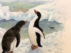 Invierno Navideño Acuarela inglesa de dos Pingüinos en la Antártida