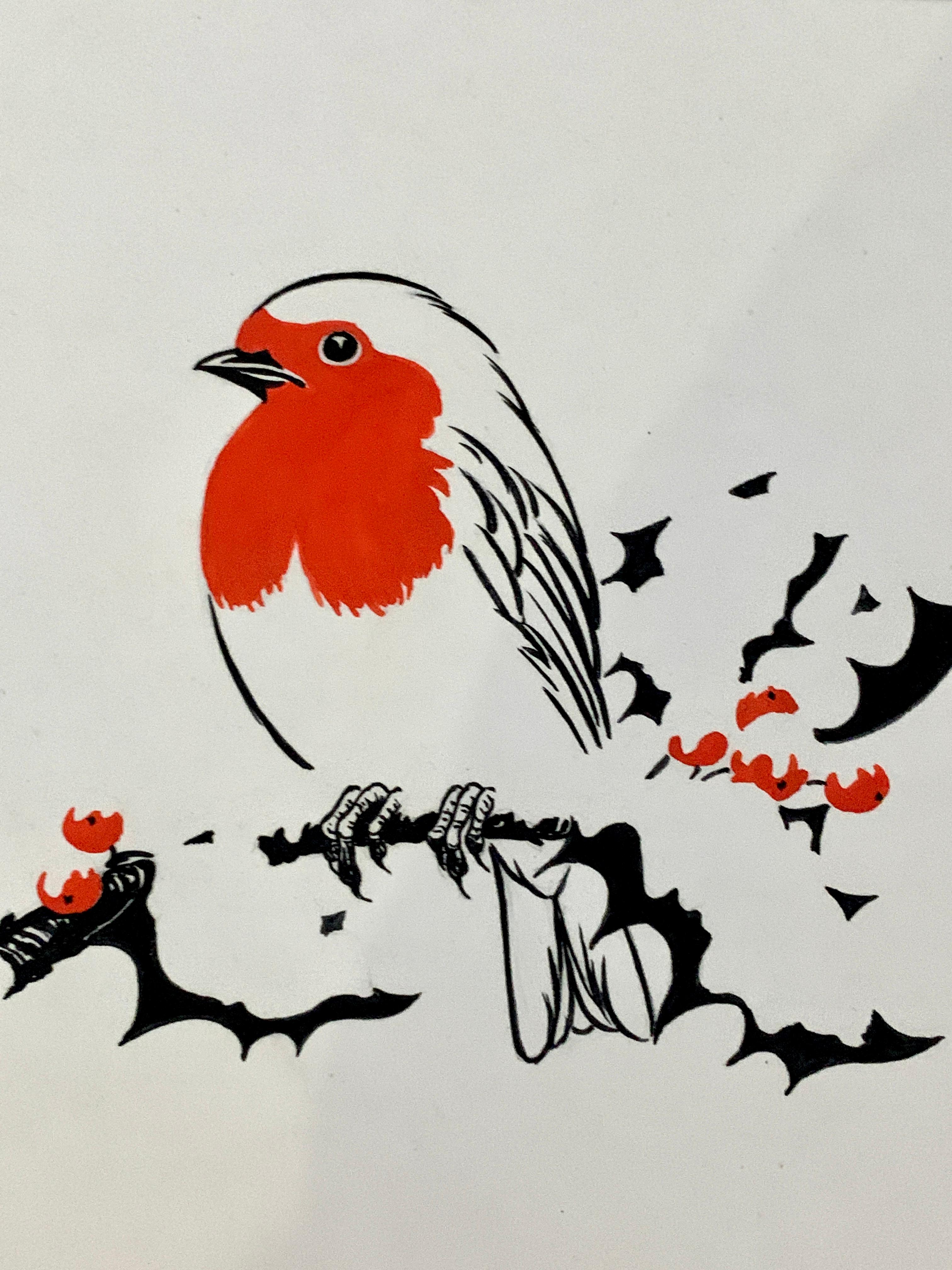 Englisches Weihnachts-Winter-Aquarell einer Robine auf einem Eichhörnchen – Art von Ella Bruce