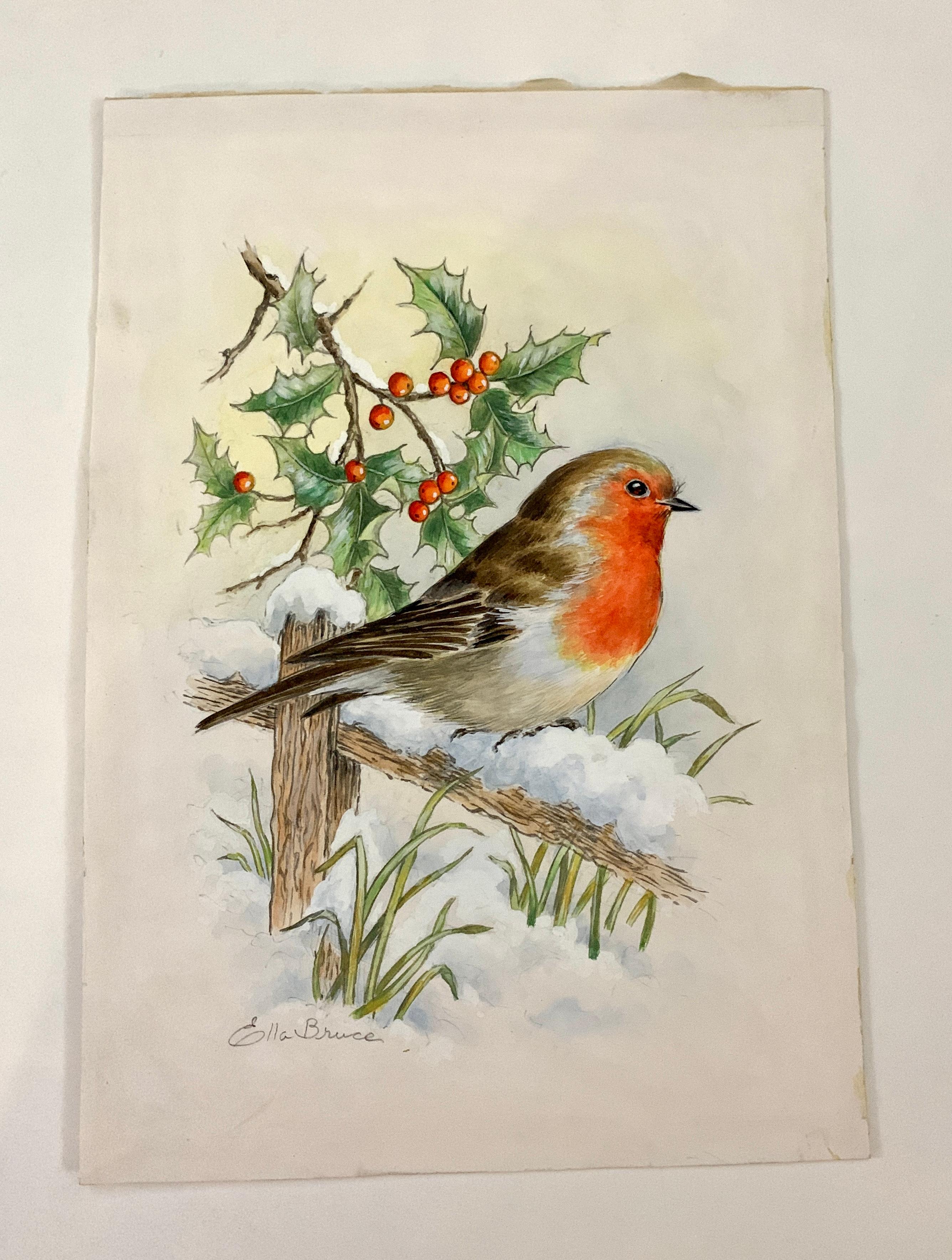 Ella Bruce Figurative Art - Christmas Winter English watercolor of a Robin on a holly bush