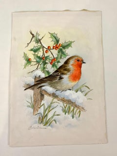 Christmas Winter English watercolor of a Robin on a holly bush