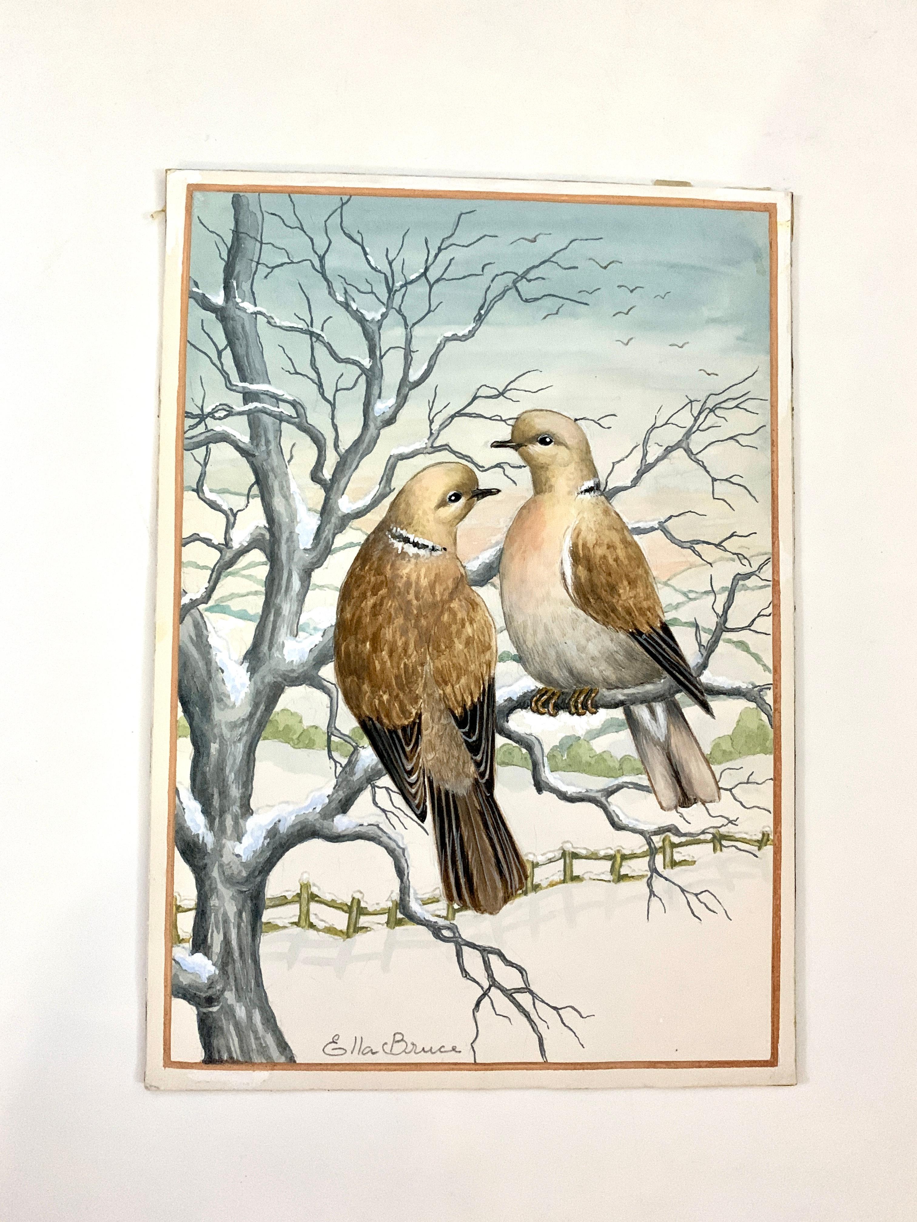 Christmas Winter English watercolor of two turtle doves on a snow covered tree