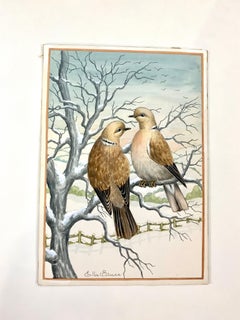 Vintage Christmas Winter English watercolor of two turtle doves on a snow covered tree