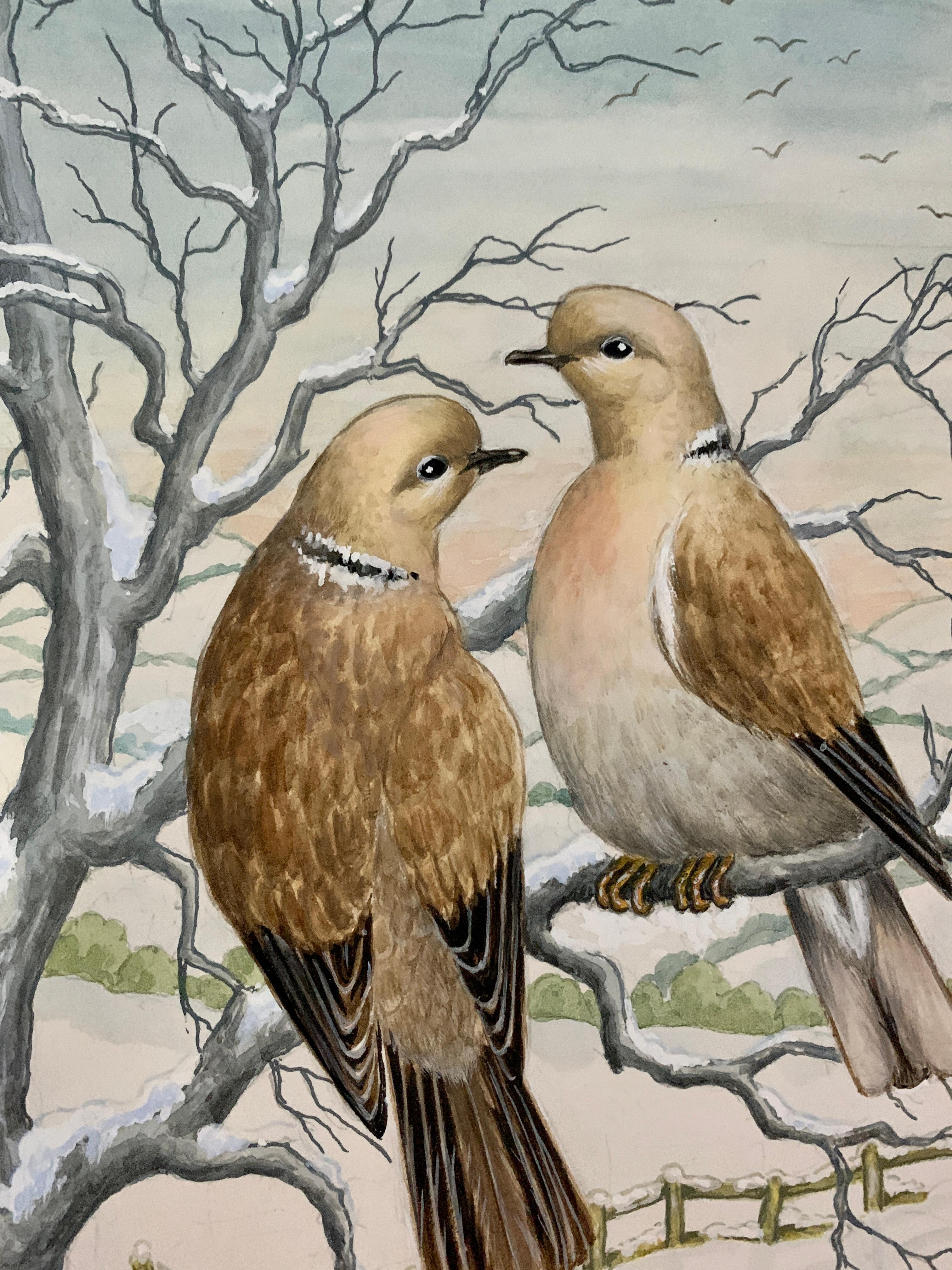 Christmas Winter English watercolor of two turtle doves on a snow covered tree - Art by Ella Bruce