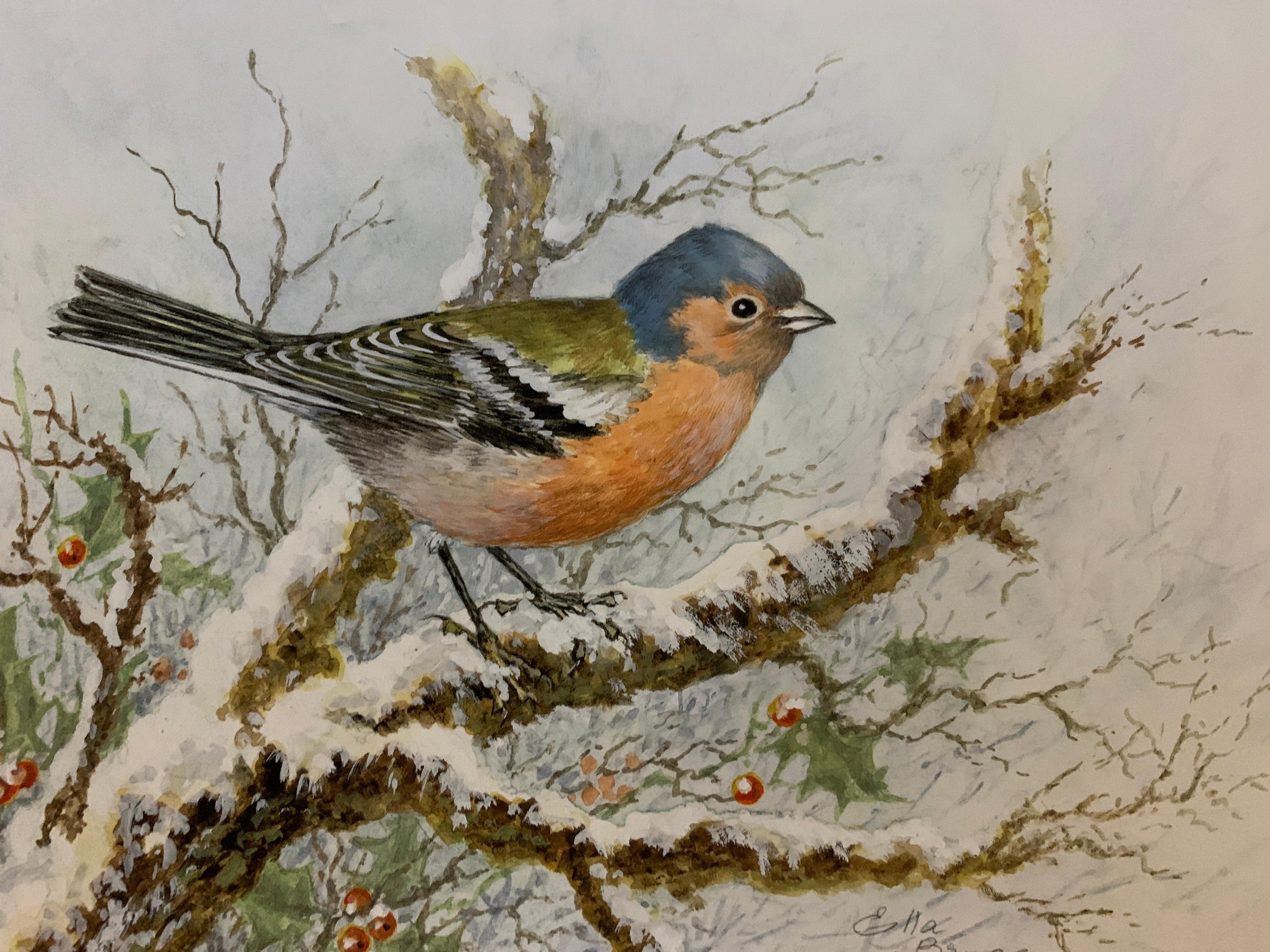 Christmas Winter English watercolor of a Caffinch on a snow covered tree - Art by Ella Bruce