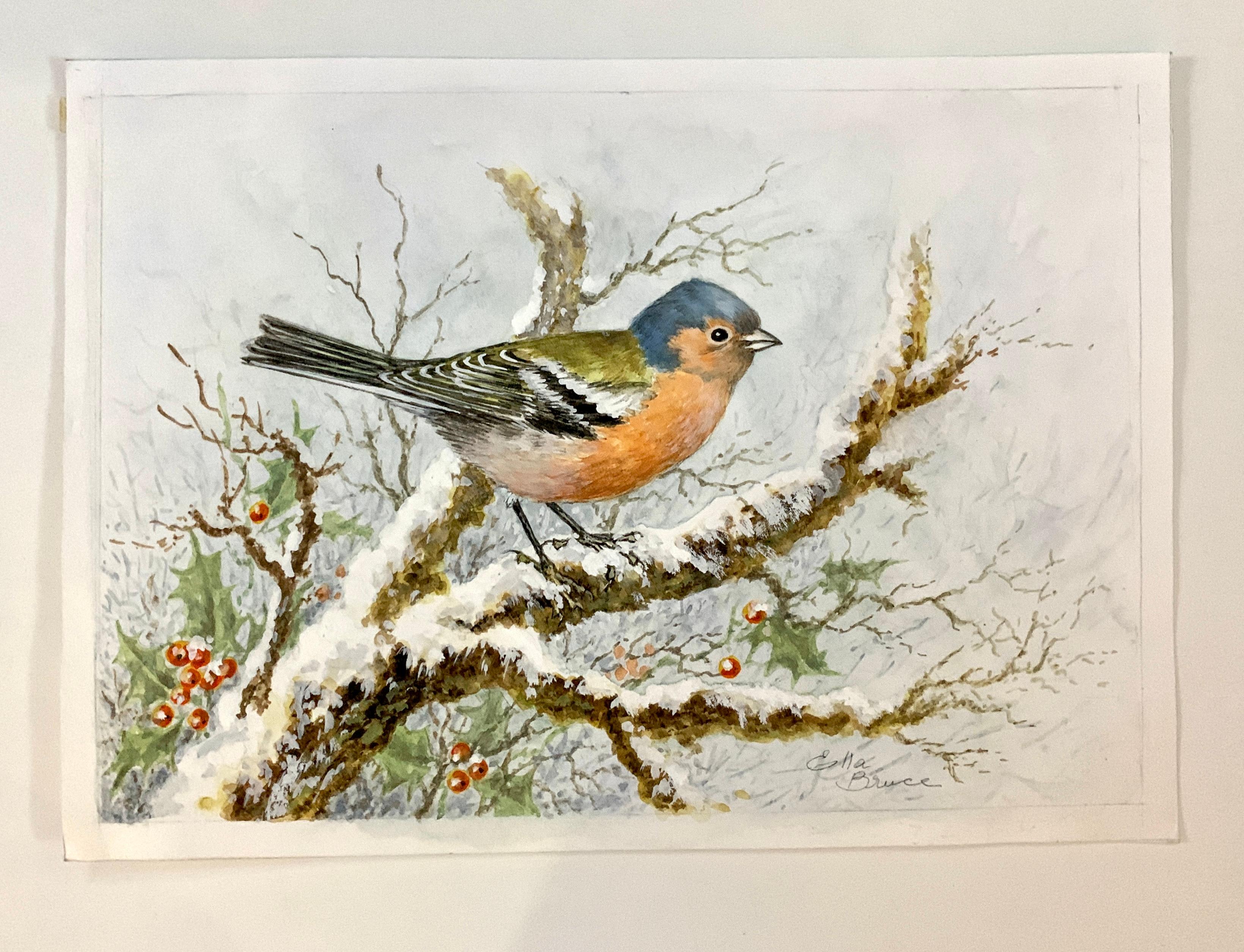 Christmas Winter English watercolor of a Caffinch on a snow covered tree
