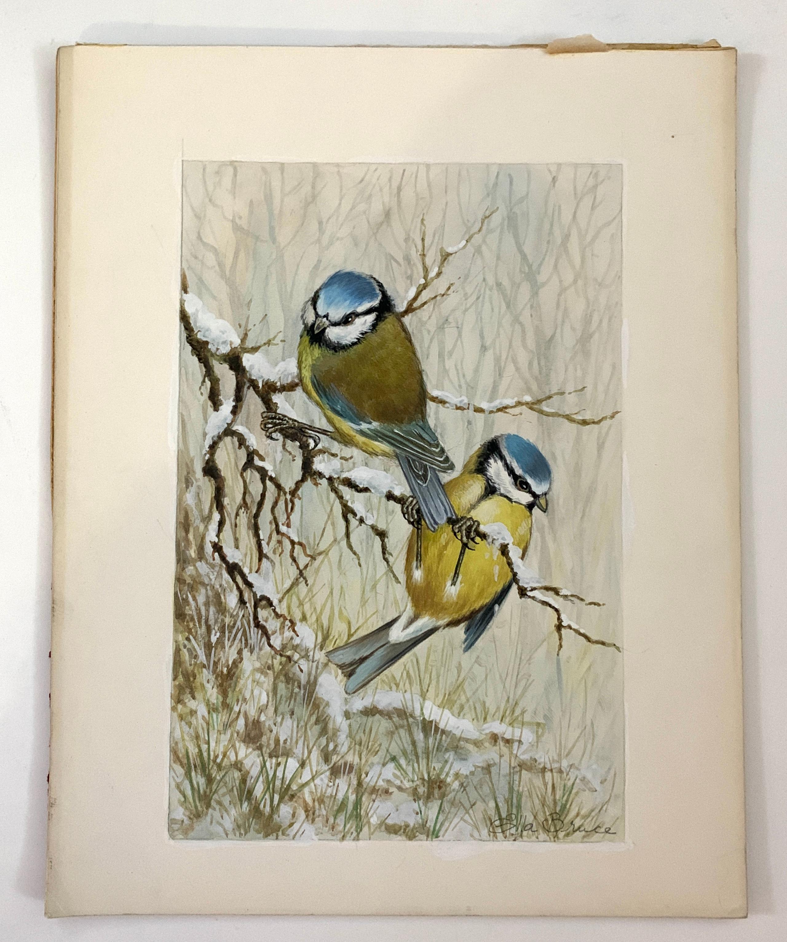 Christmas Winter English watercolor of two blue tits on a snow covered tree